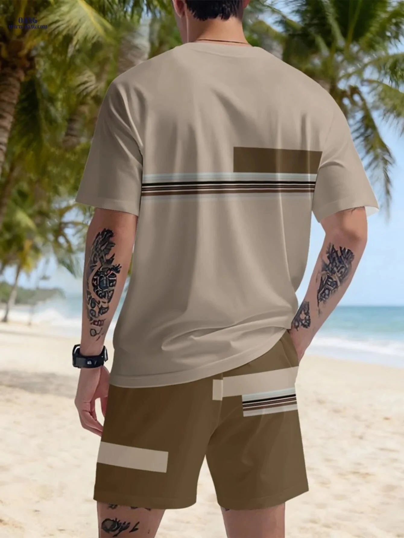 Men's Casual Round Neck Printed Set - Stylish Short Sleeve Tee & Shorts   OAXG 