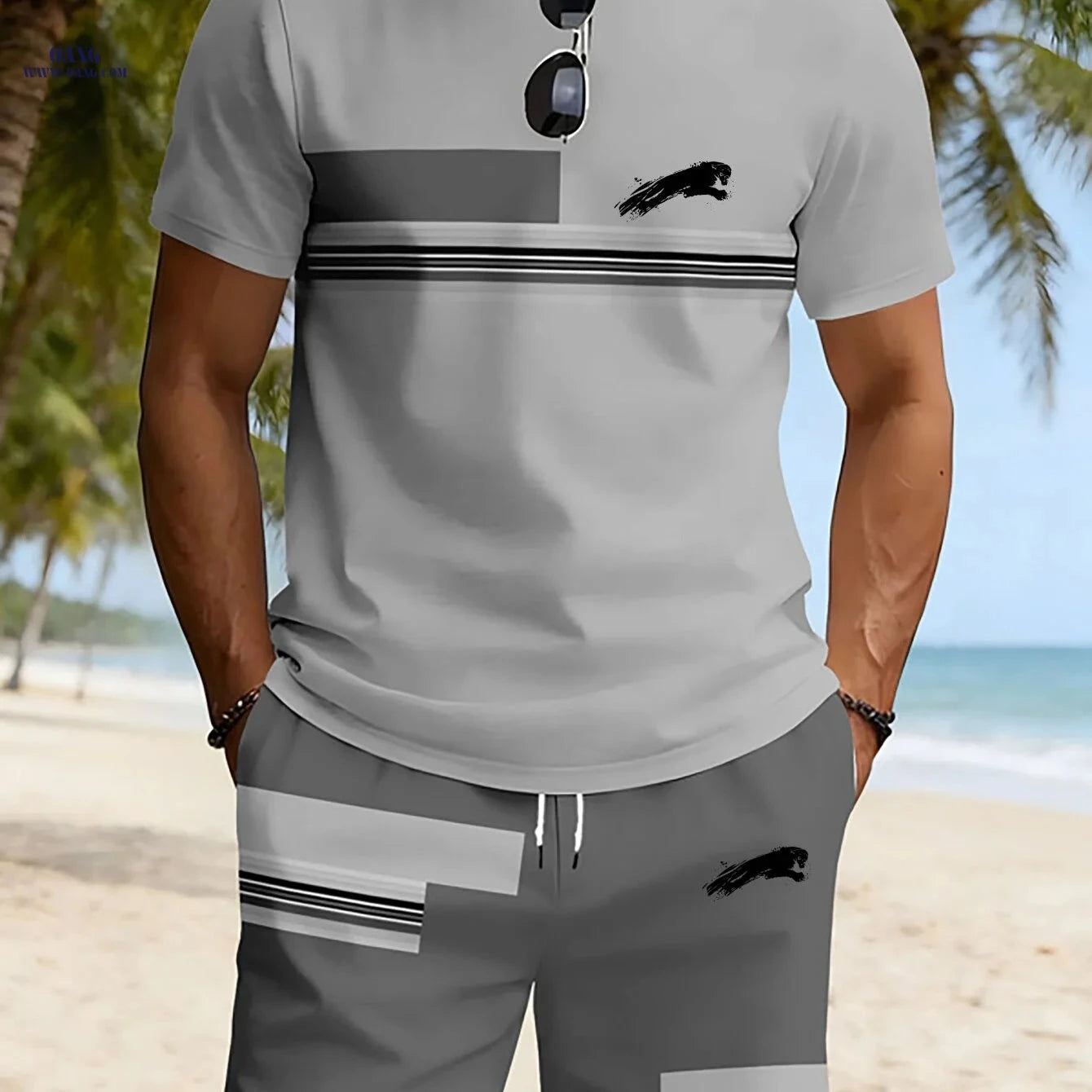Men's Casual Round Neck Printed Set - Stylish Short Sleeve Tee & Shorts   OAXG Sky Blue / FR S