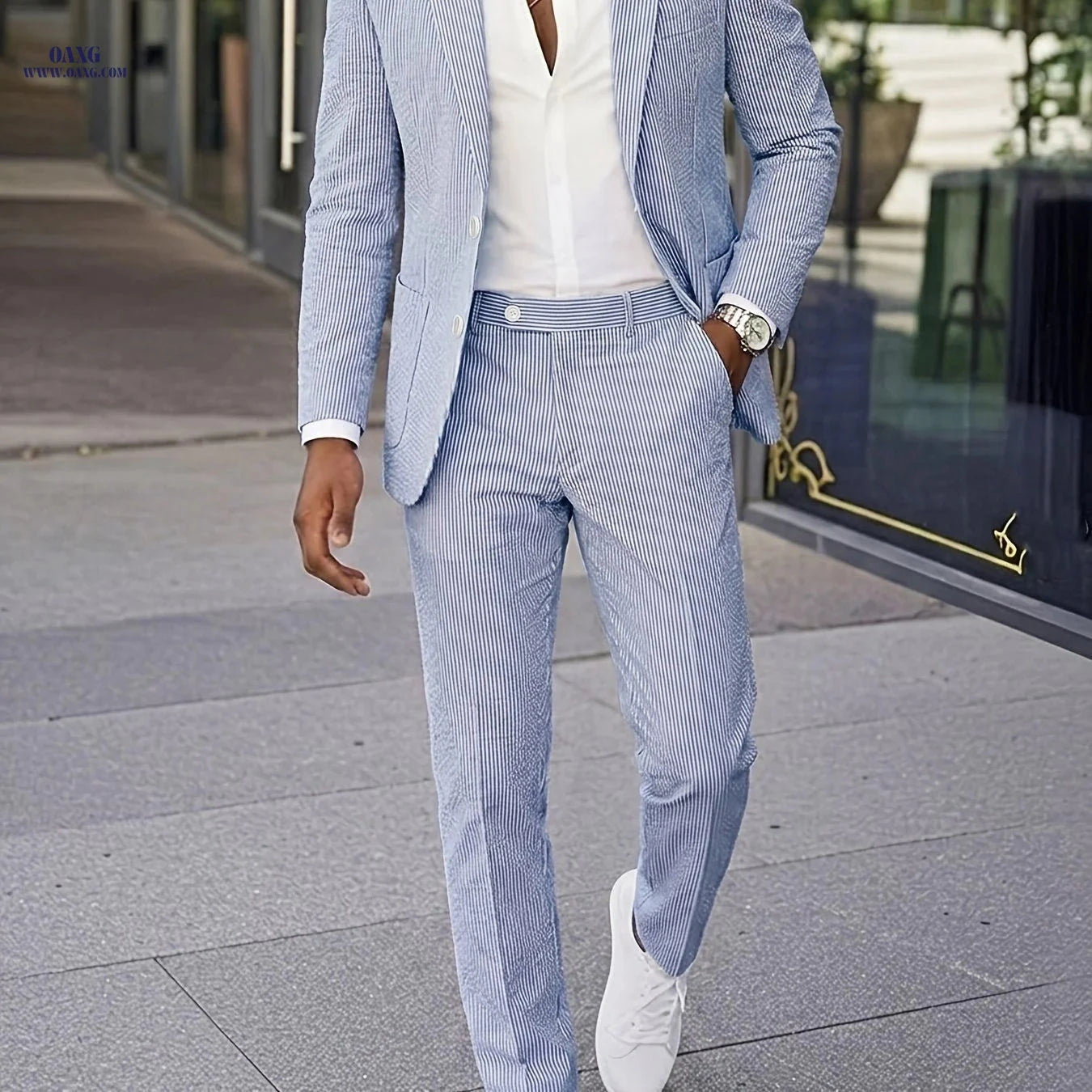 Men’s Casual Seersucker Suit - Two-Piece Striped Design for Outdoors   OAXG 