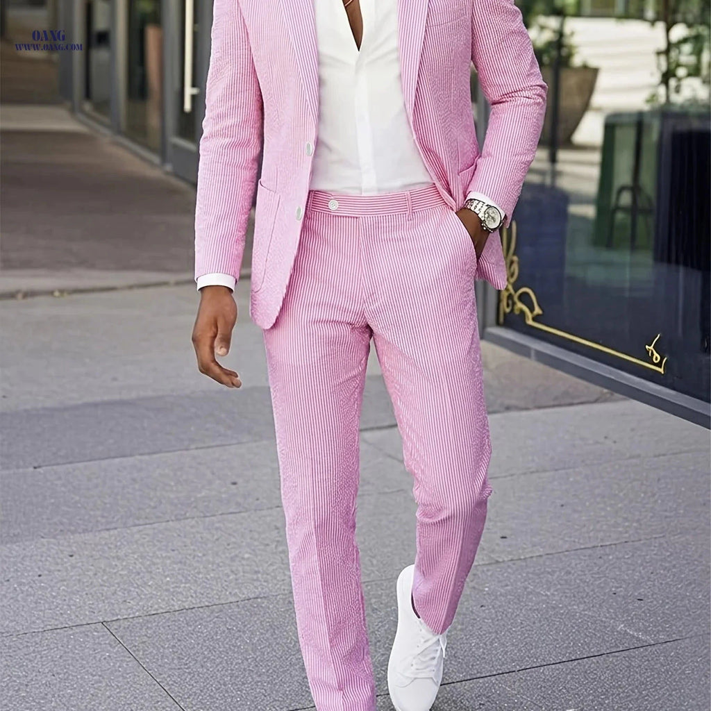 Men’s Casual Seersucker Suit - Two-Piece Striped Design for Outdoors   OAXG 