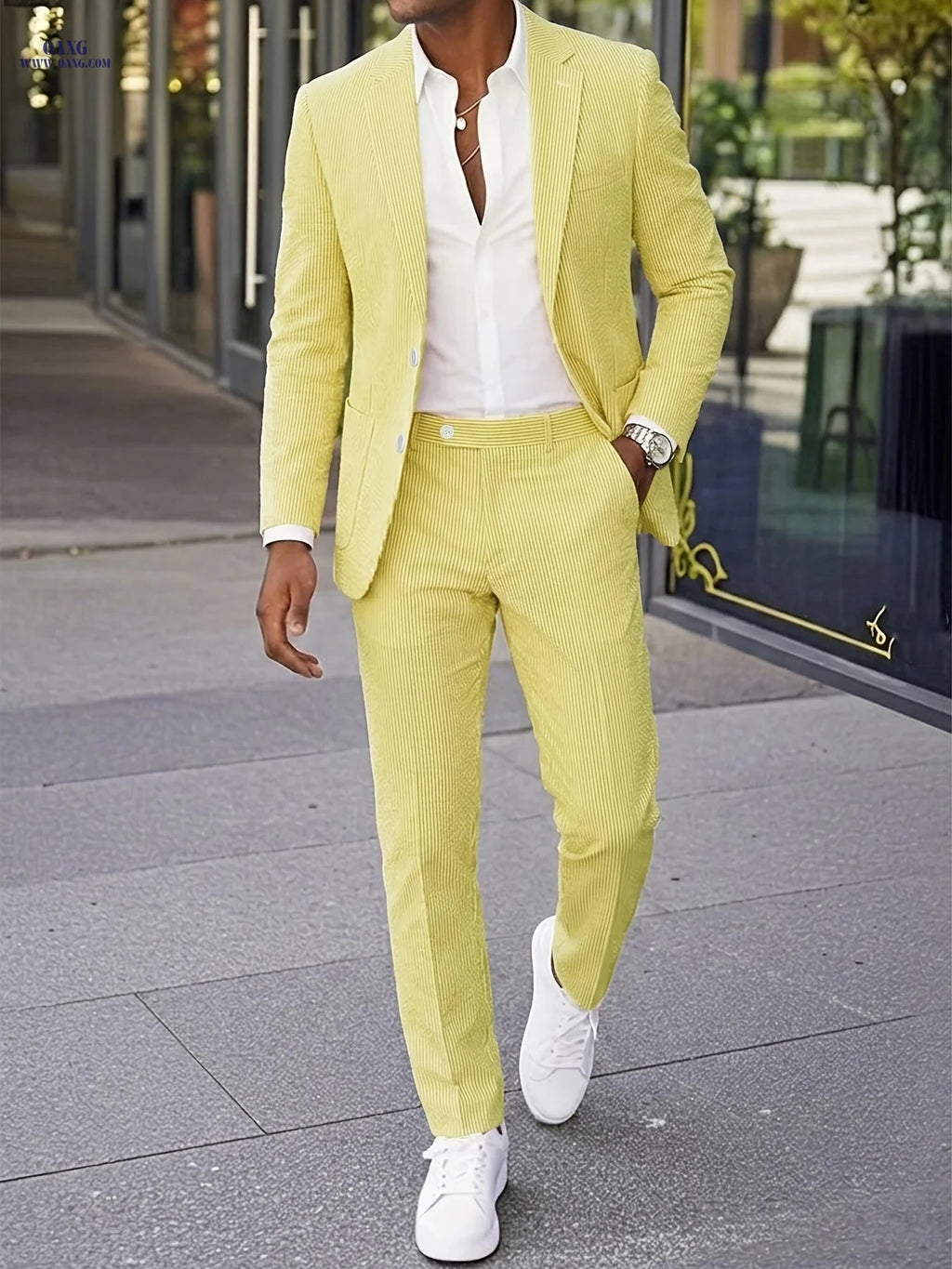 Men’s Casual Seersucker Suit - Two-Piece Striped Design for Outdoors   OAXG 