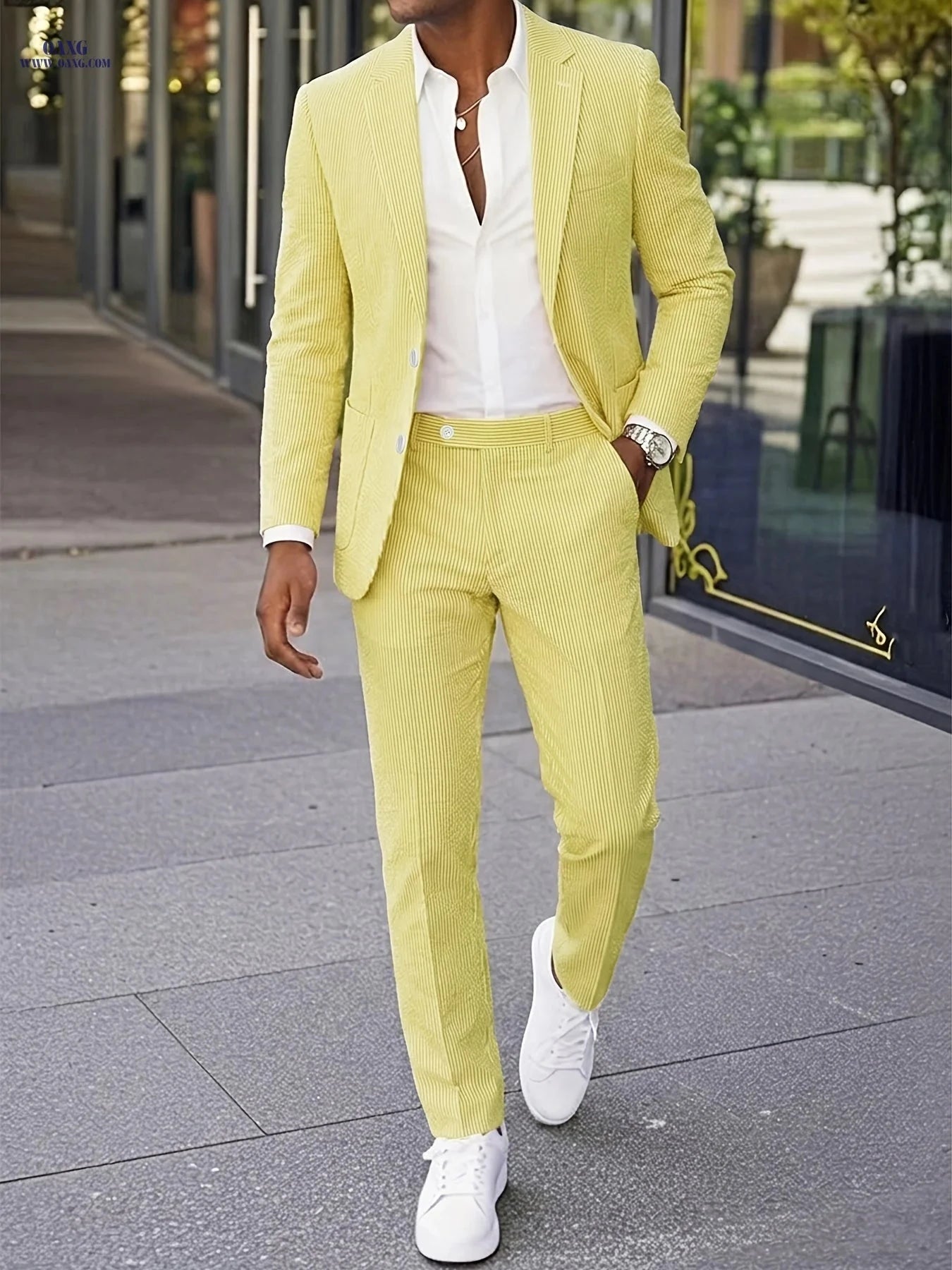 Men’s Casual Seersucker Suit - Two-Piece Striped Design for Outdoors   OAXG 