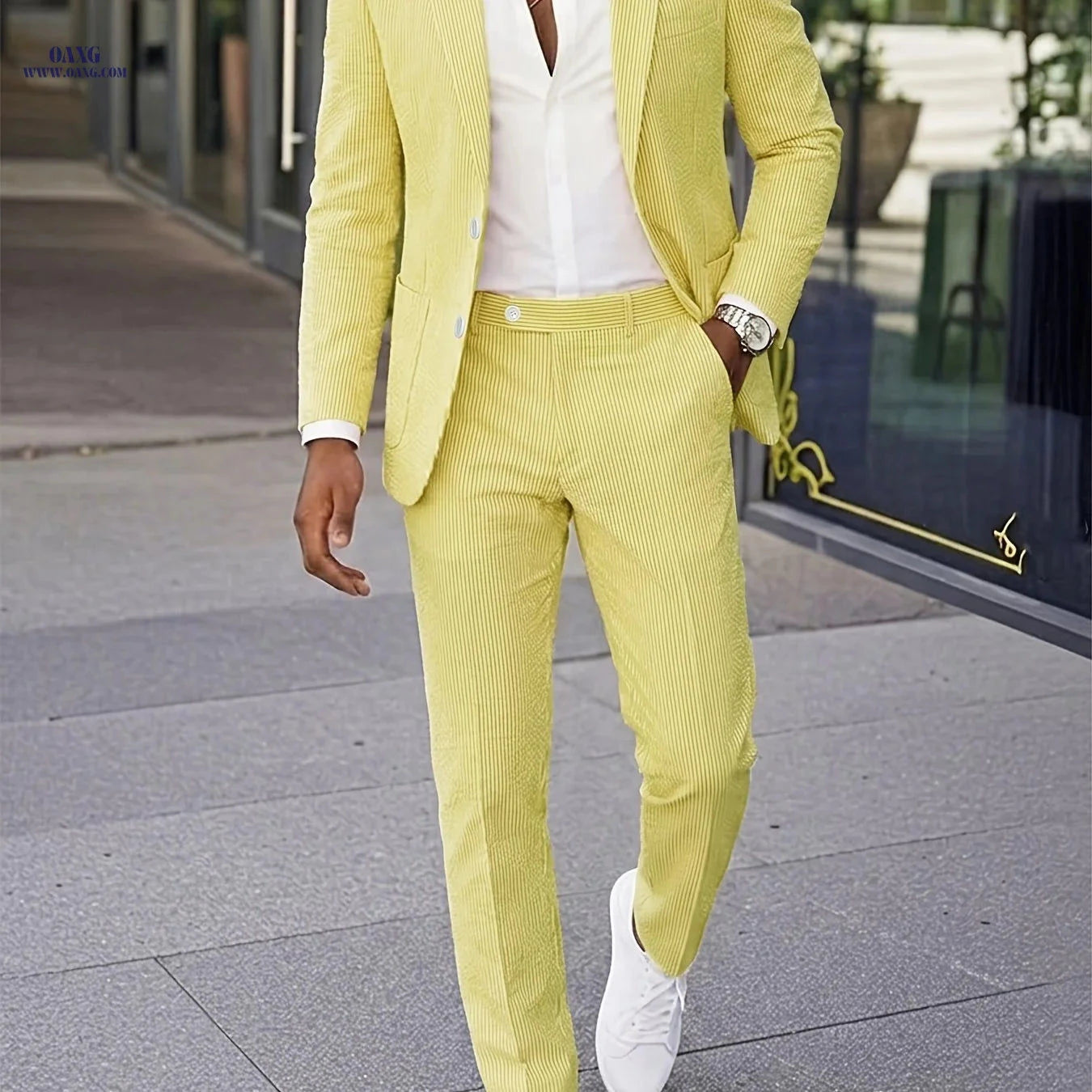 Men’s Casual Seersucker Suit - Two-Piece Striped Design for Outdoors   OAXG 