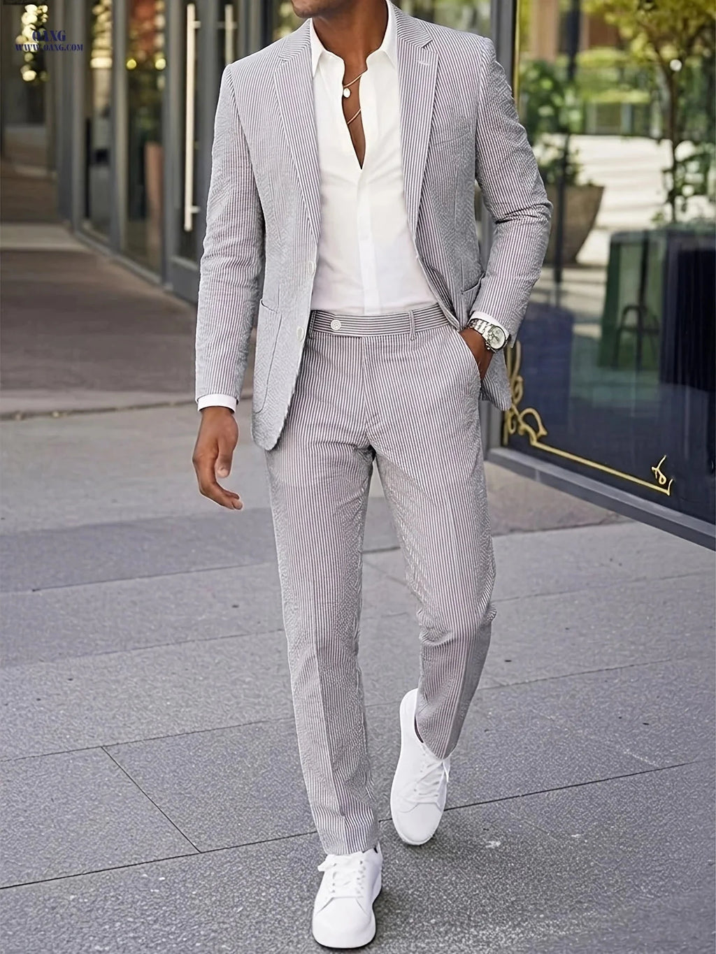 Men’s Casual Seersucker Suit - Two-Piece Striped Design for Outdoors   OAXG 