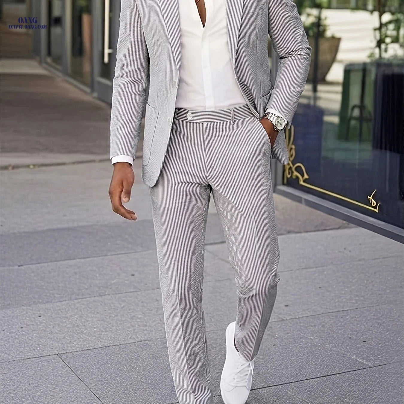 Men’s Casual Seersucker Suit - Two-Piece Striped Design for Outdoors   OAXG 