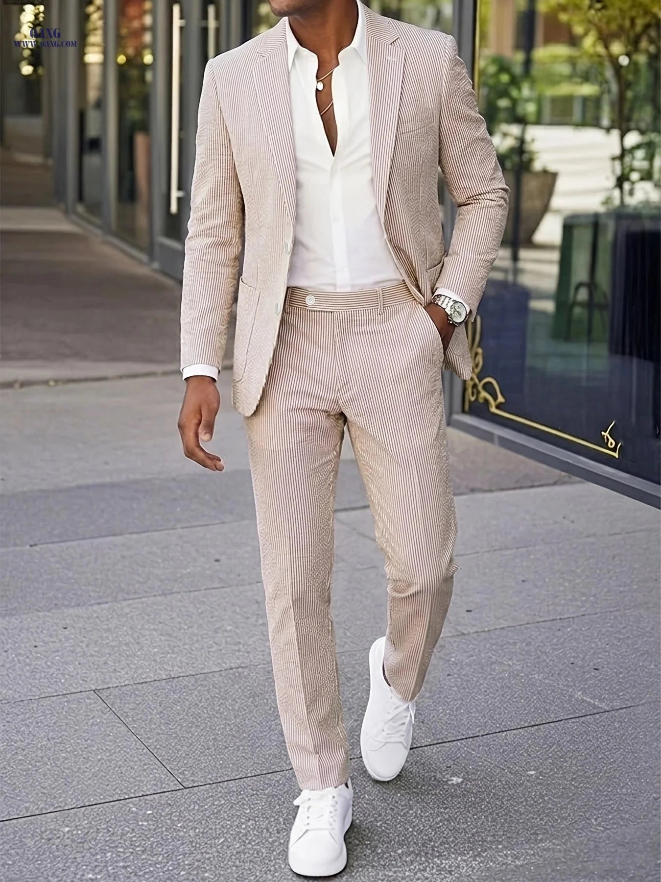 Men’s Casual Seersucker Suit - Two-Piece Striped Design for Outdoors   OAXG 