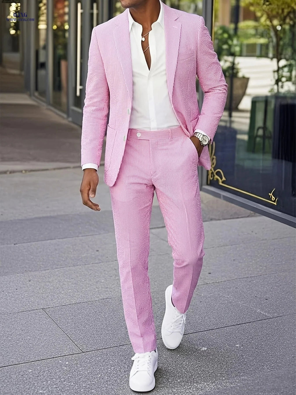 Men’s Casual Seersucker Suit - Two-Piece Striped Design for Outdoors   OAXG 