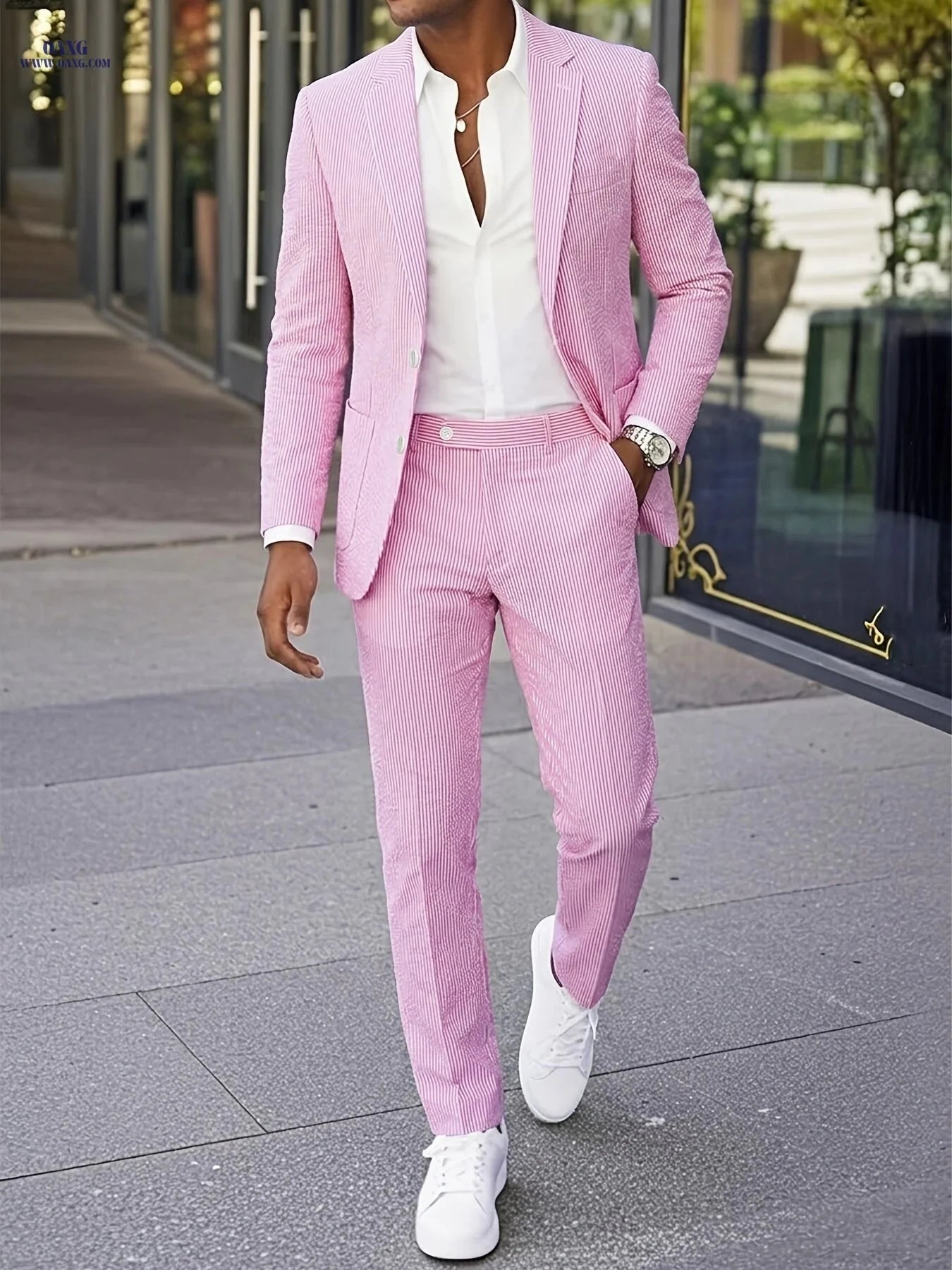 Men’s Casual Seersucker Suit - Two-Piece Striped Design for Outdoors   OAXG 