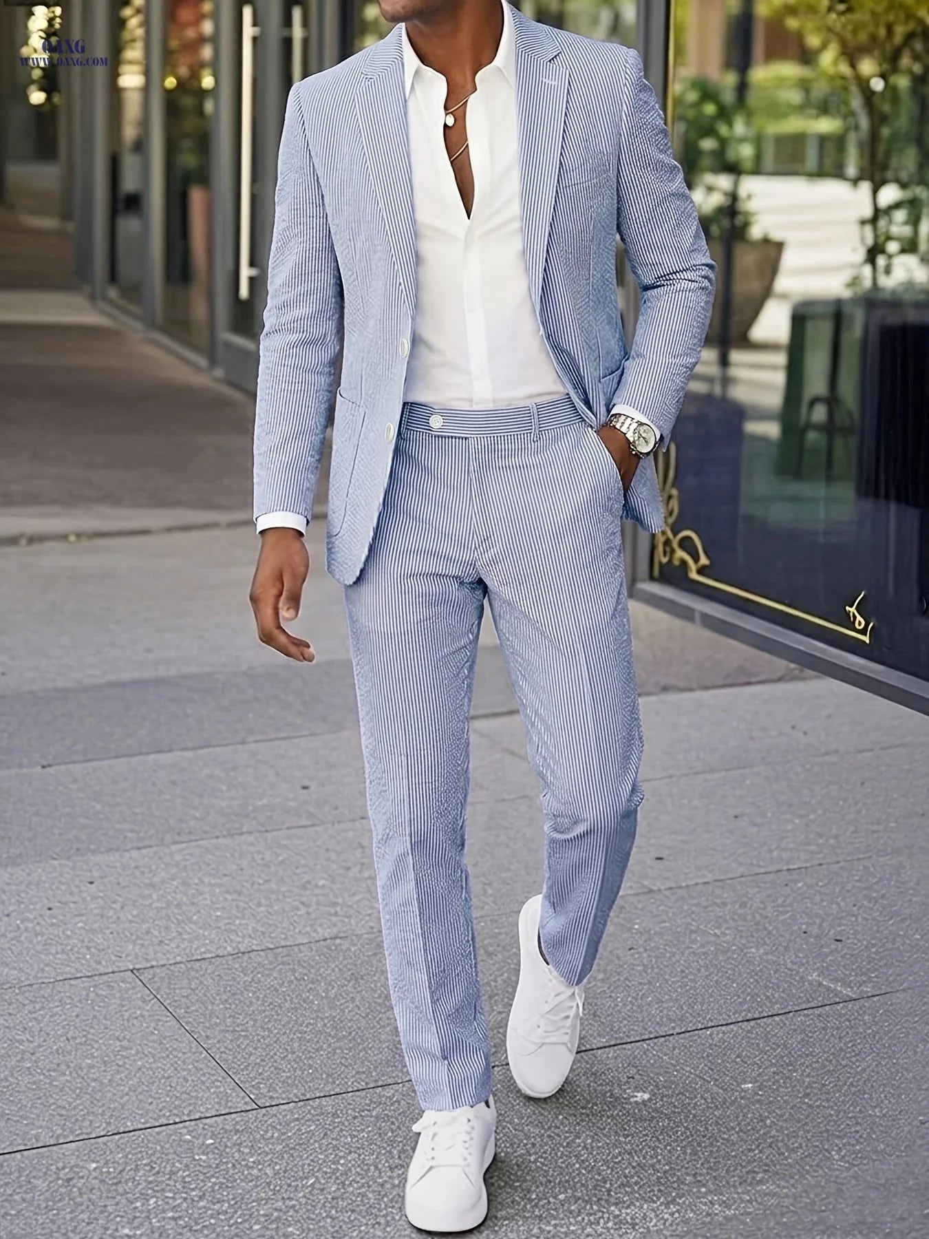 Men’s Casual Seersucker Suit - Two-Piece Striped Design for Outdoors   OAXG Pink / FR XS