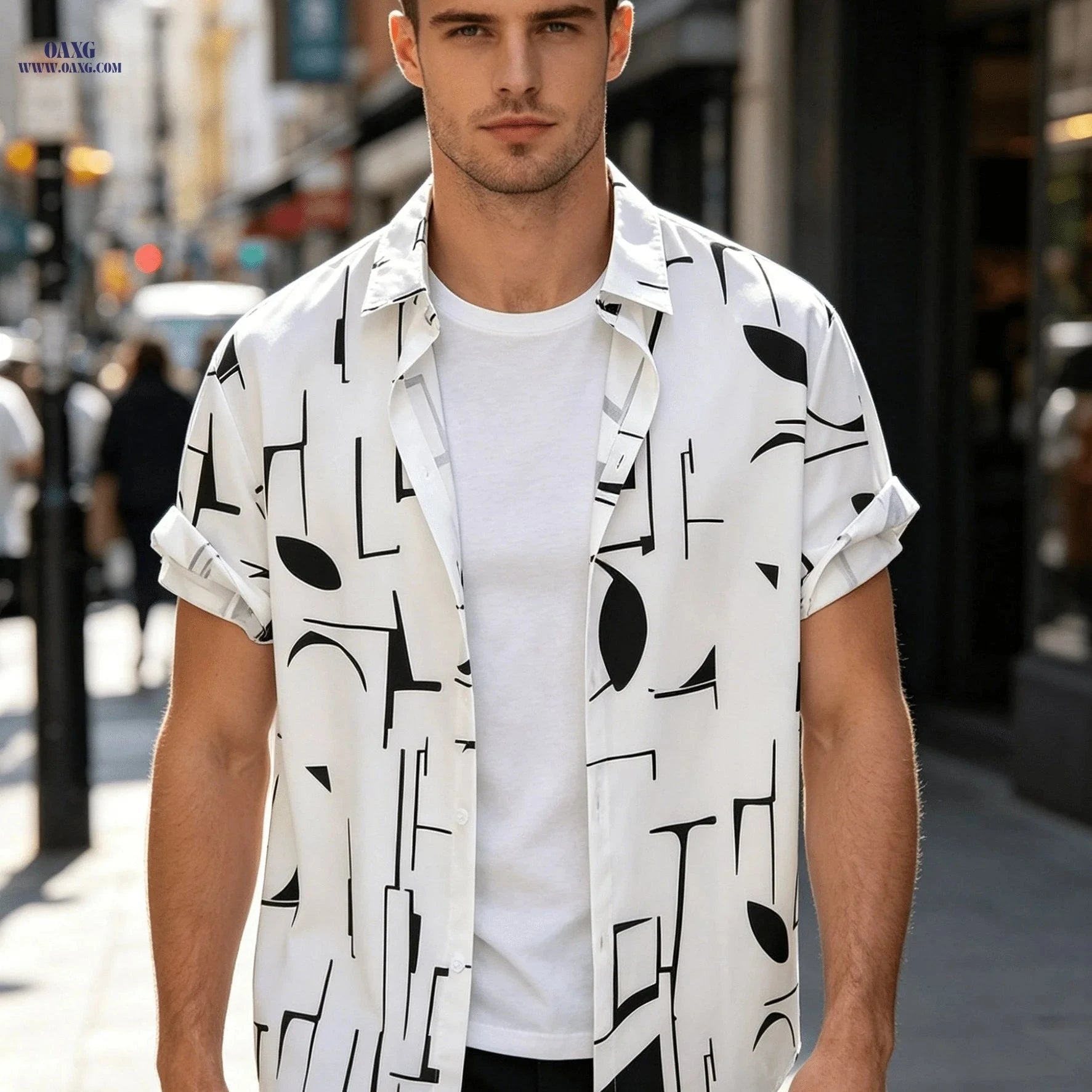 Men's Casual Short-Sleeve Button-Up Shirt - Stylish Hawaiian Print   OAXG 