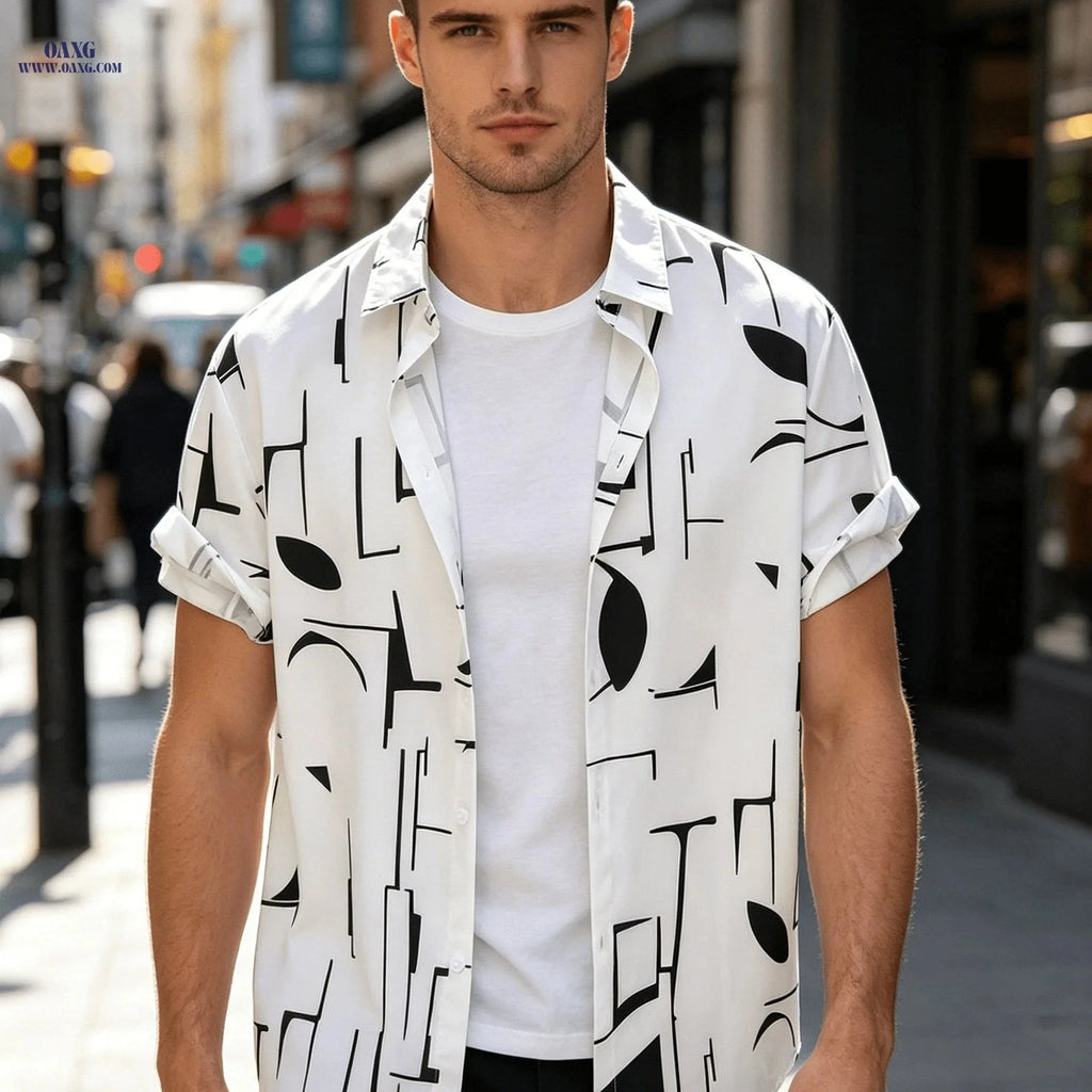Men's Casual Short-Sleeve Button-Up Shirt - Stylish Hawaiian Print   OAXG White / FR XXS