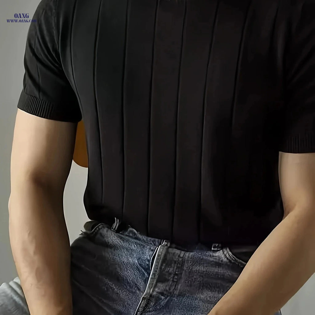 Men's Casual Short-Sleeve Knit Pullover - Textured Viscose for Summer   OAXG Black / FR S