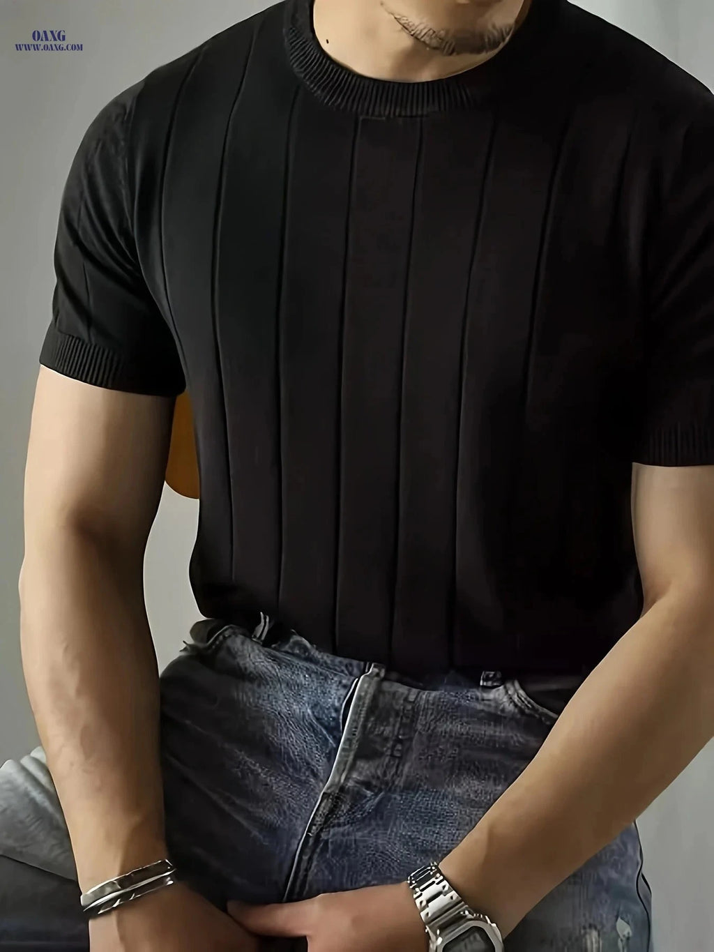 Men's Casual Short-Sleeve Knit Pullover - Textured Viscose for Summer   OAXG Black / FR S
