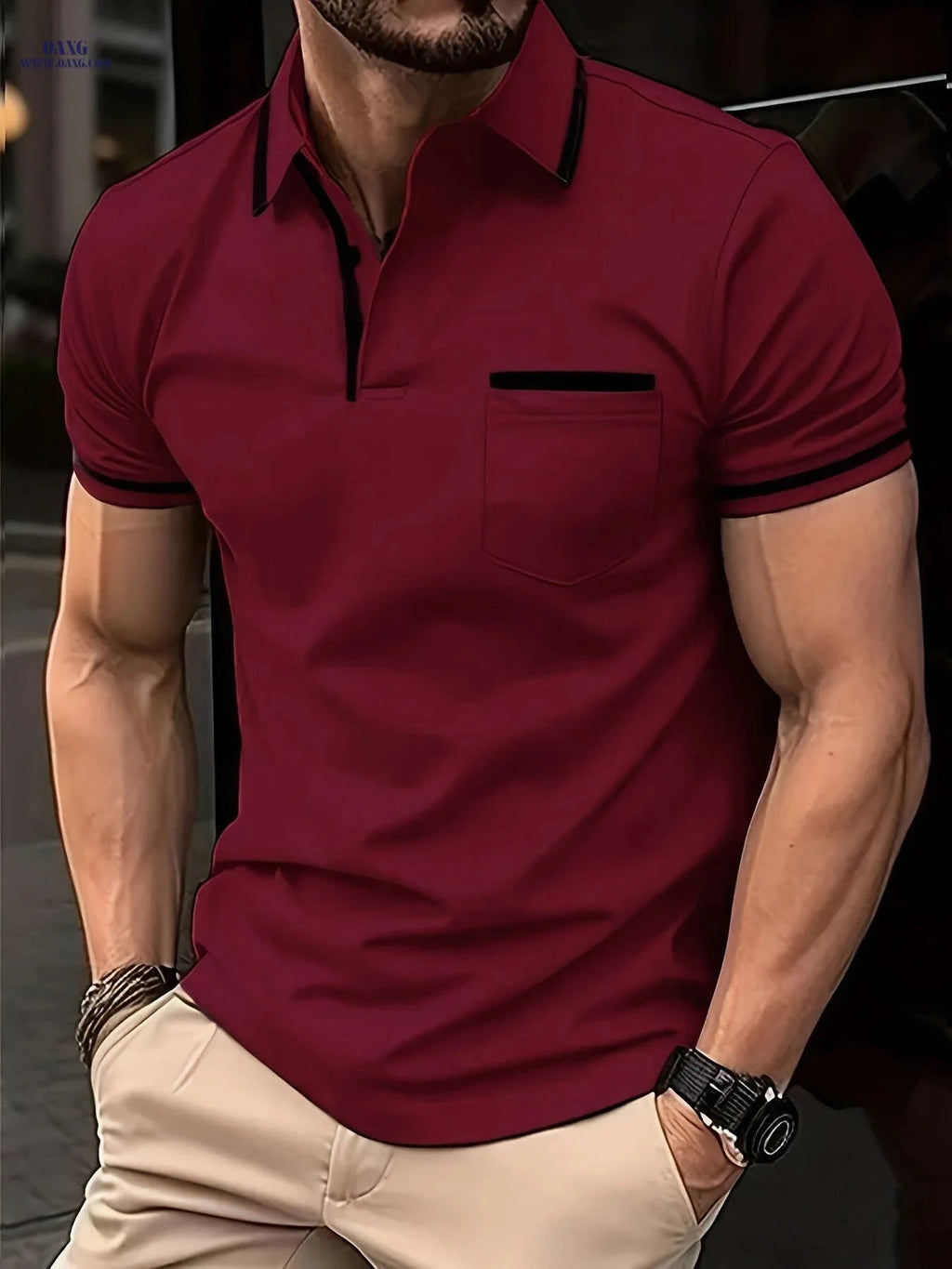 Men's Casual Short-Sleeve Lapel T-Shirt - Solid Color Top   OAXG 