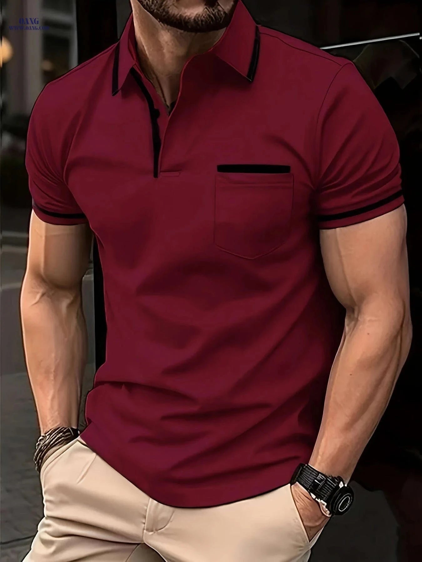 Men's Casual Short-Sleeve Lapel T-Shirt - Solid Color Top   OAXG 