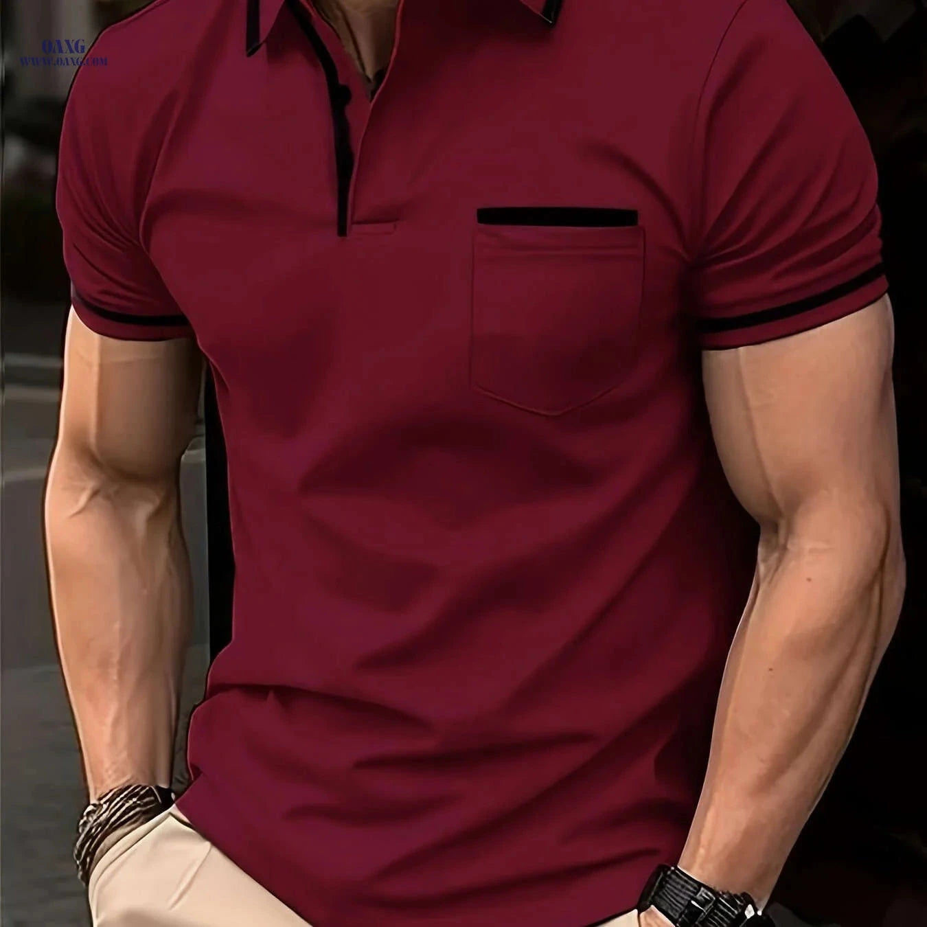 Men's Casual Short-Sleeve Lapel T-Shirt - Solid Color Top   OAXG 
