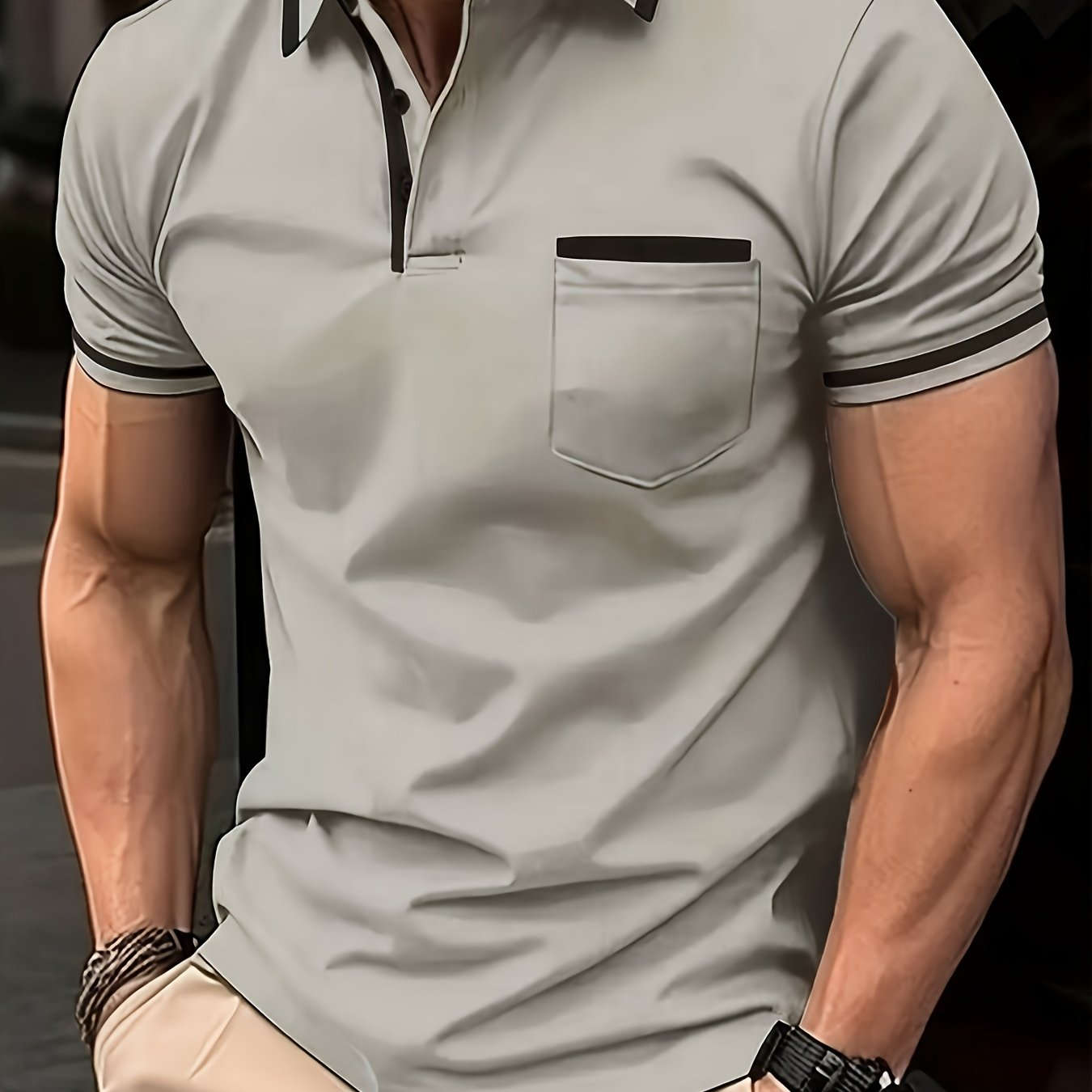 Men's Casual Short-Sleeve Lapel T-Shirt - Solid Color Top   OAXG 