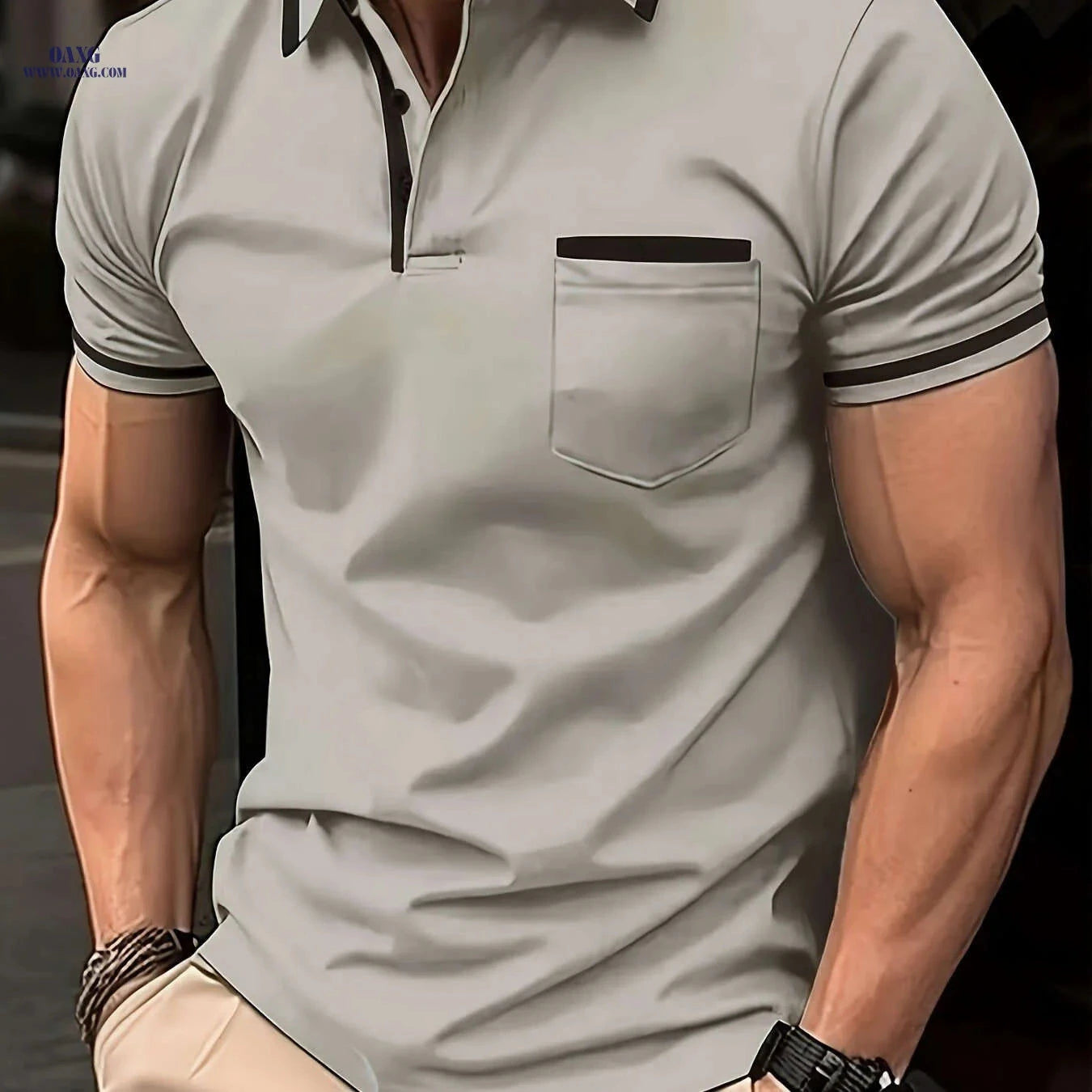 Men's Casual Short-Sleeve Lapel T-Shirt - Solid Color Top   OAXG Dark Gray / FR S