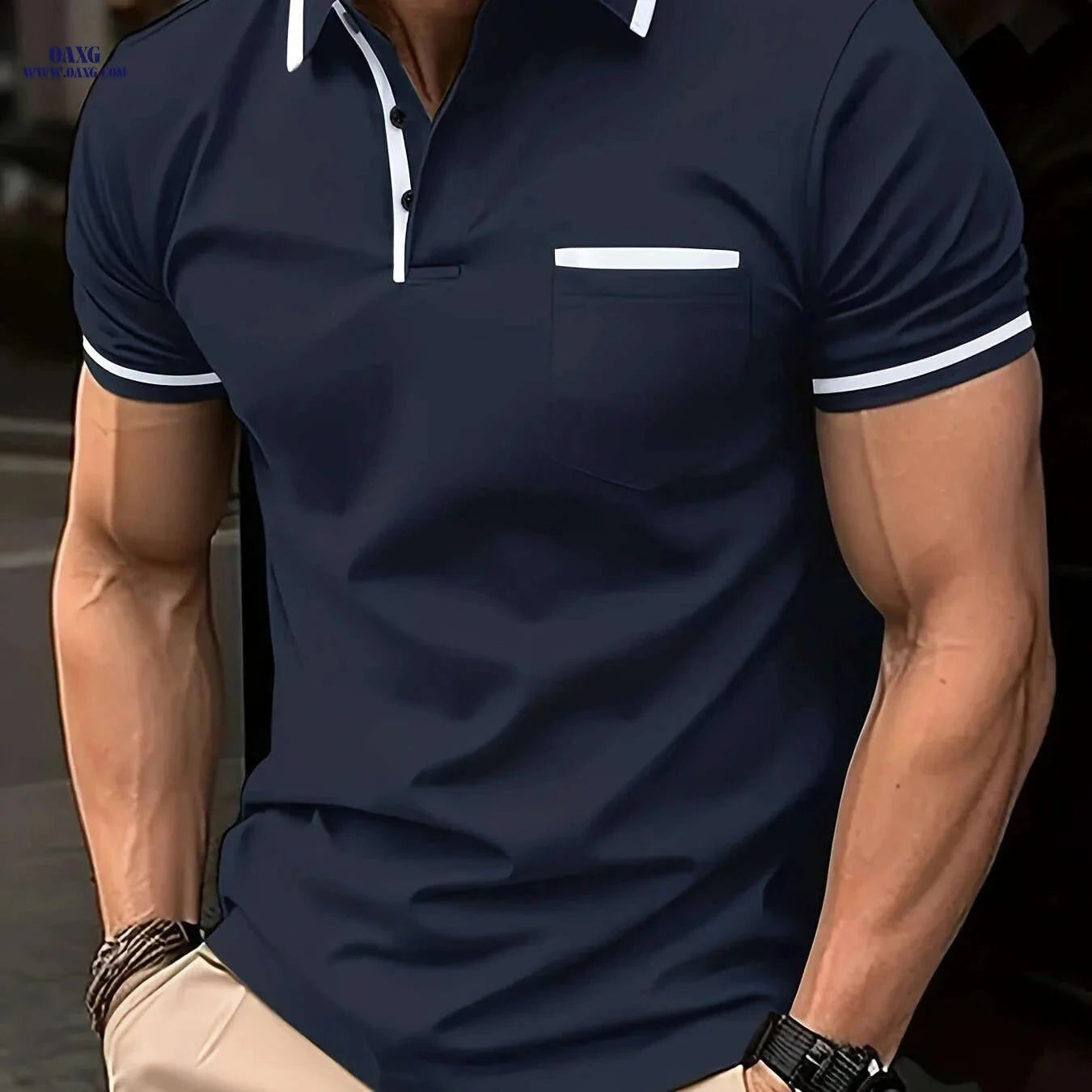 Men's Casual Short-Sleeve Lapel T-Shirt - Solid Color Top   OAXG Dark Gray / FR S