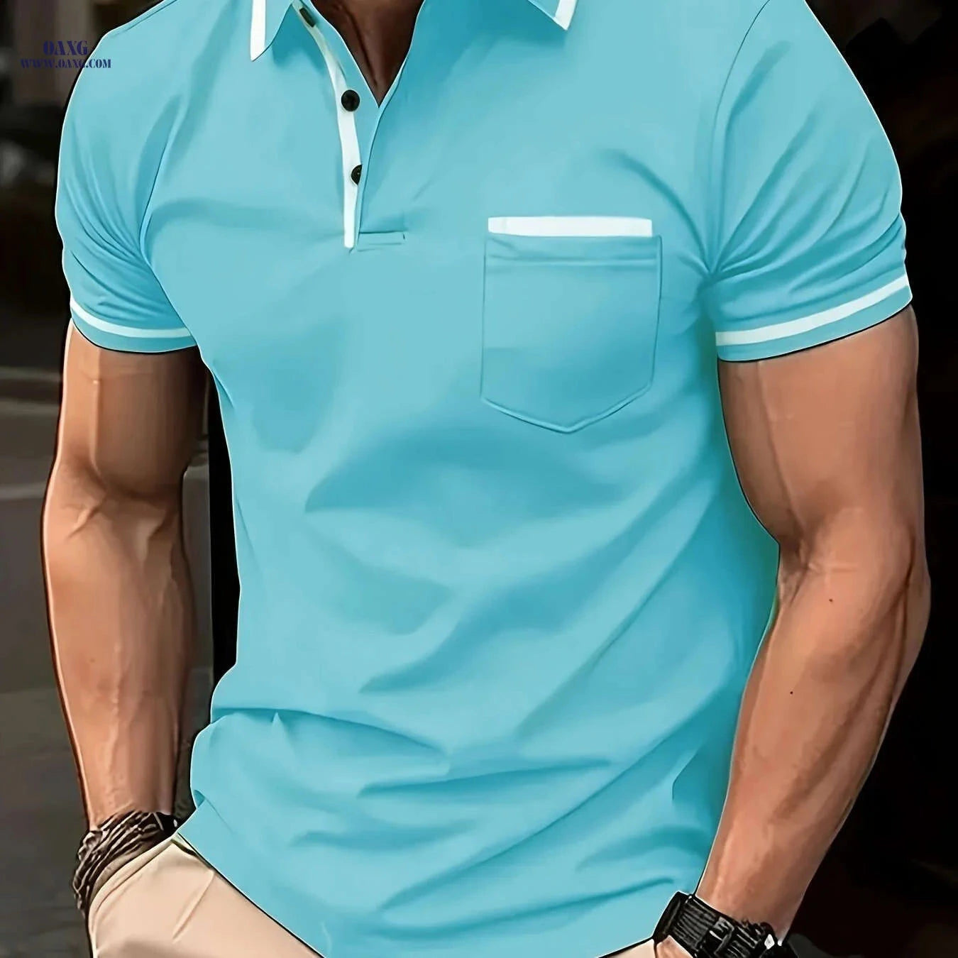 Men's Casual Short-Sleeve Lapel T-Shirt - Solid Color Top   OAXG 