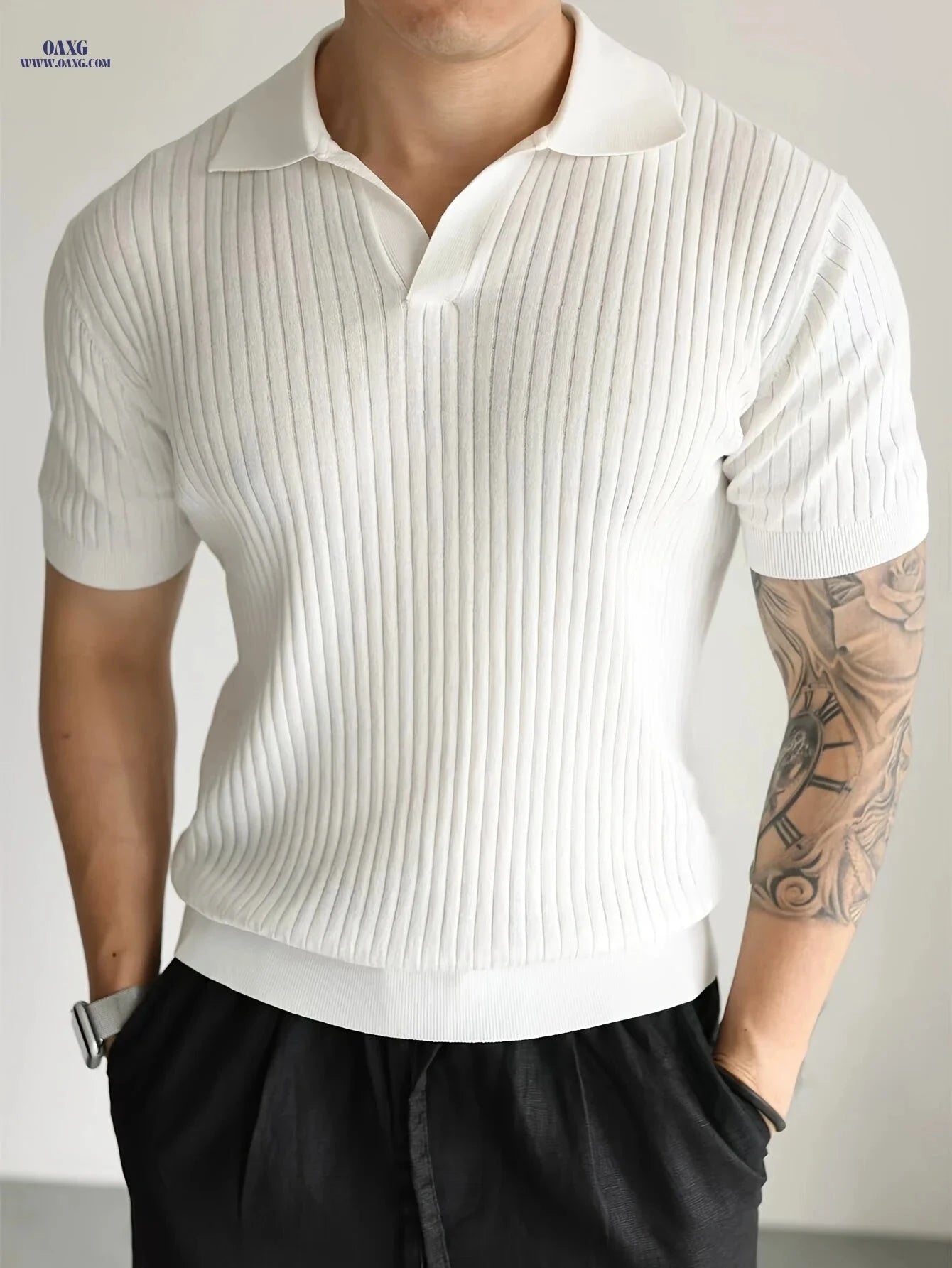 Men's Casual Short Sleeve Polo Shirt - Ribbed Knit Design, Summer Fit   OAXG 