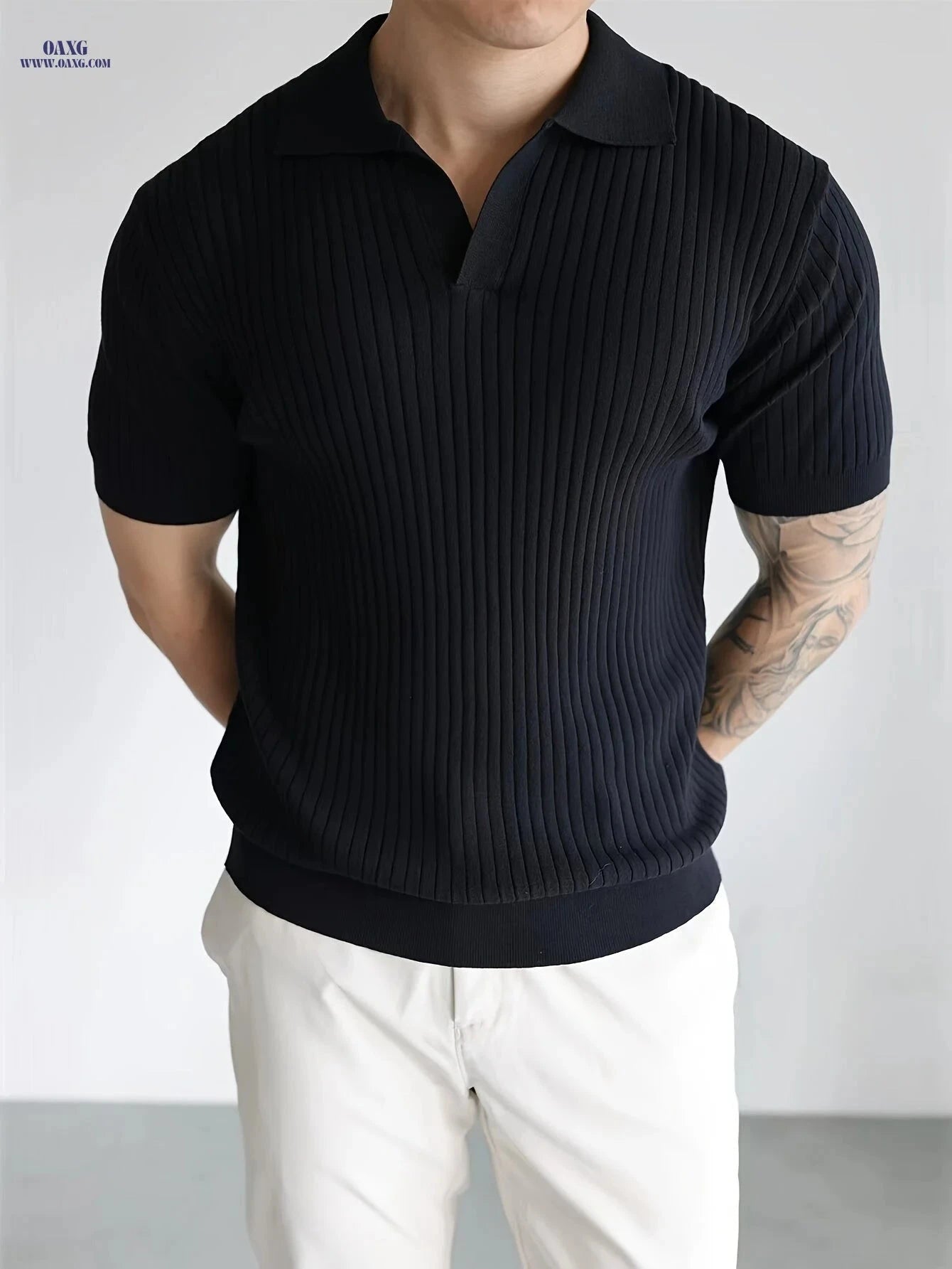 Men's Casual Short Sleeve Polo Shirt - Ribbed Knit Design, Summer Fit   OAXG Khaki / FR S