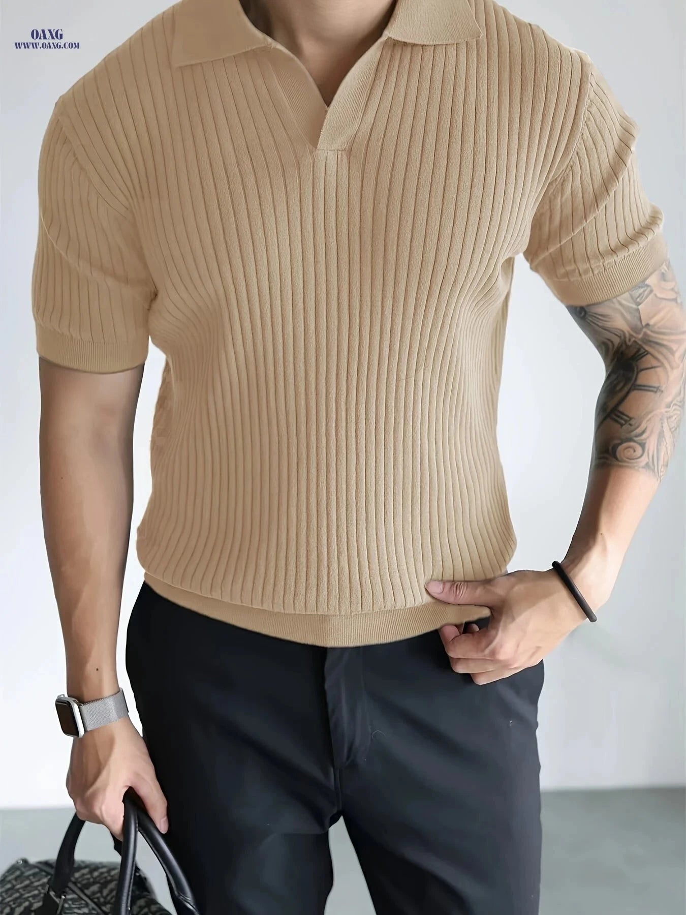 Men's Casual Short-Sleeve Polo Shirt - Ribbed Knit Design, Summer Fit   OAXG Khaki / FR S