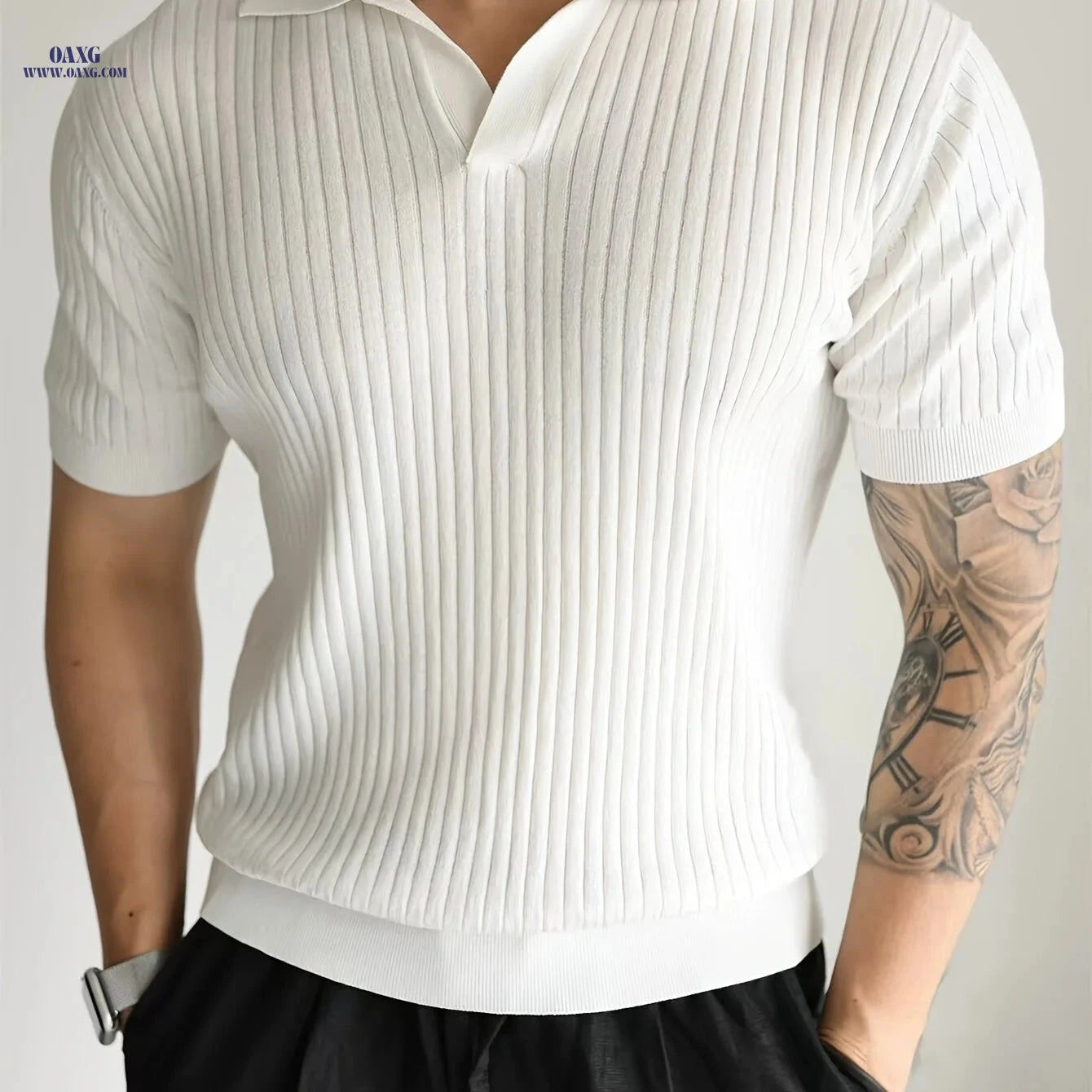 Men's Casual Short-Sleeve Polo Shirt - Ribbed Knit Design, Summer Fit   OAXG Khaki / FR S