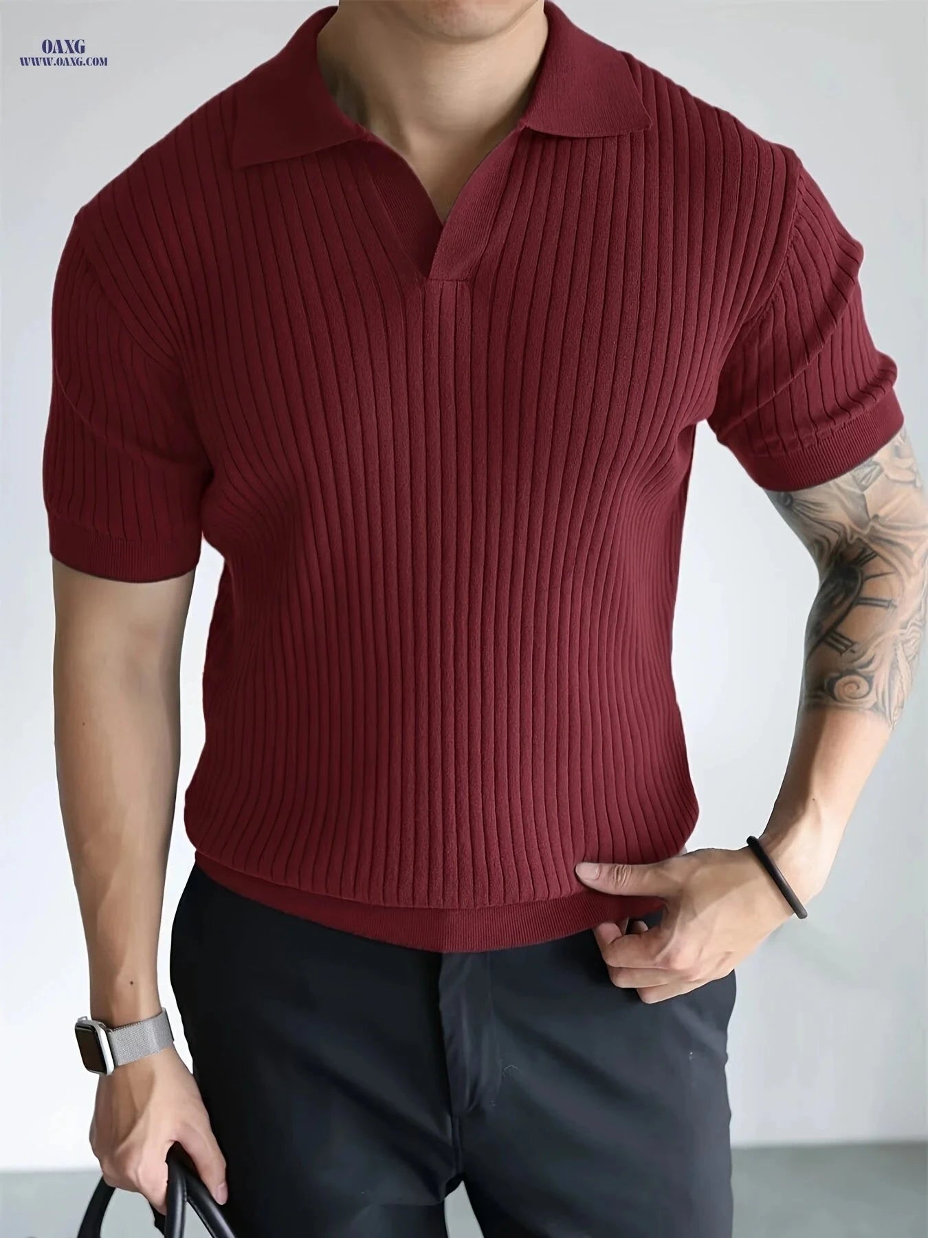 Men's Casual Short Sleeve Polo Shirt - Ribbed Knit Design, Summer Fit   OAXG Khaki / FR S