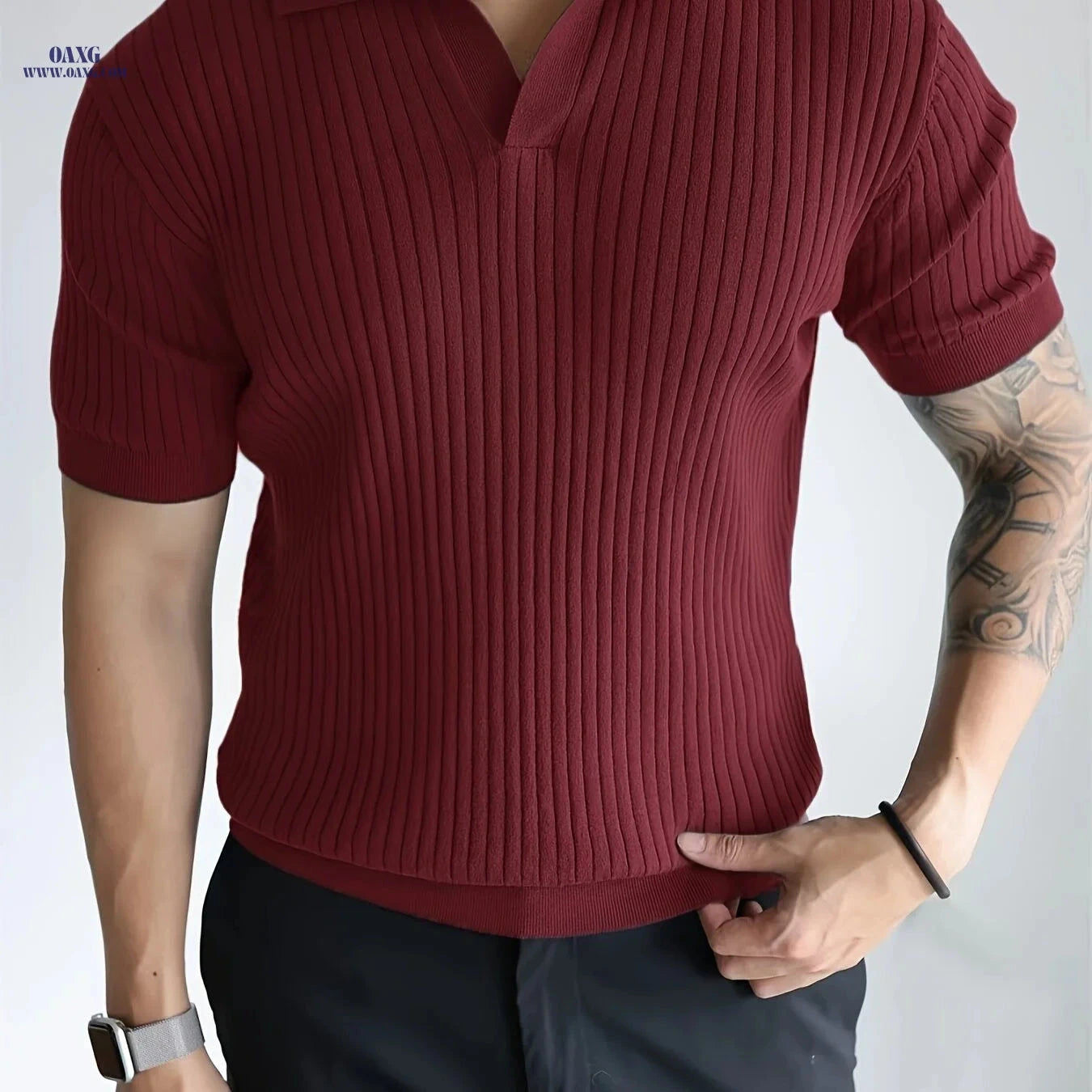 Men's Casual Short Sleeve Polo Shirt - Ribbed Knit Design, Summer Fit   OAXG Khaki / FR S