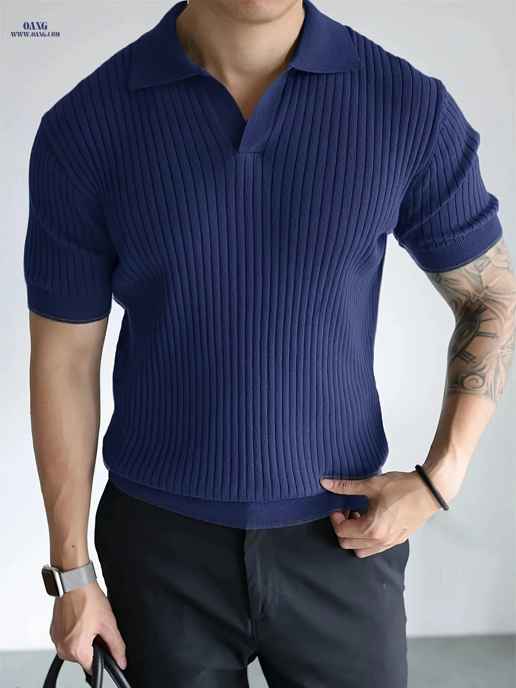 Men's Casual Short Sleeve Polo Shirt - Ribbed Knit Design, Summer Fit   OAXG 