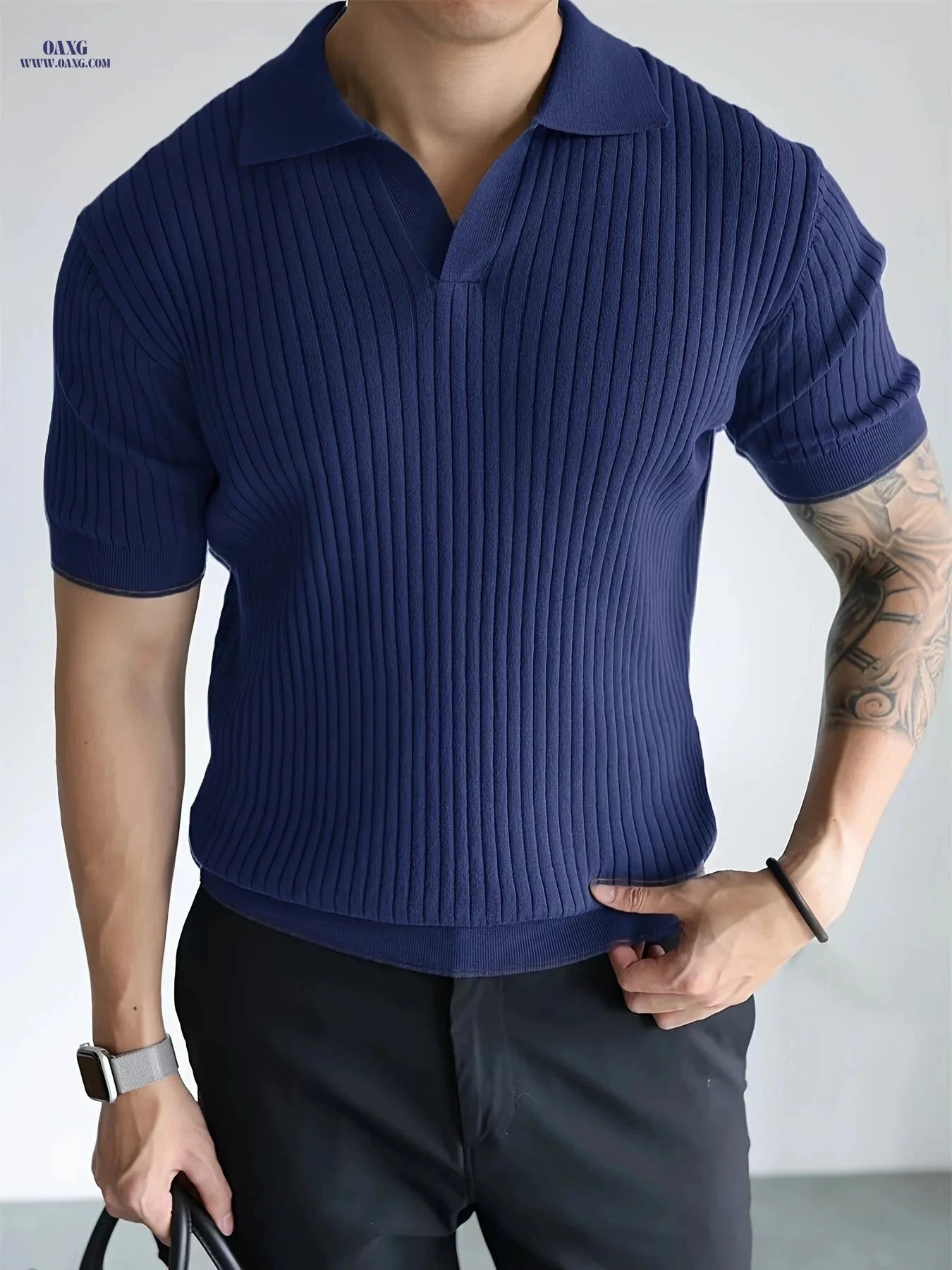 Men's Casual Short Sleeve Polo Shirt - Ribbed Knit Design, Summer Fit   OAXG 