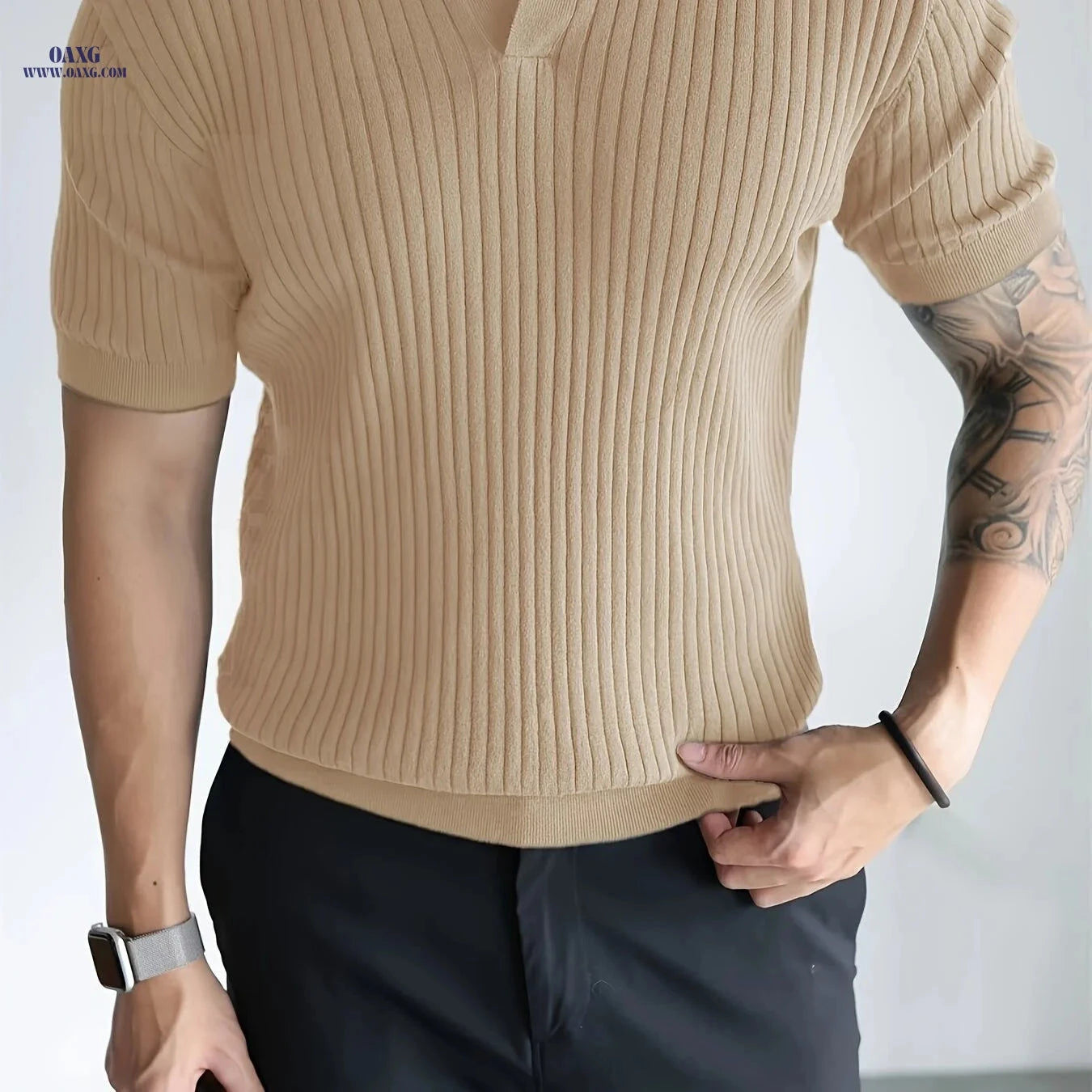 Men's Casual Short-Sleeve Polo Shirt - Ribbed Knit Design, Summer Fit   OAXG 