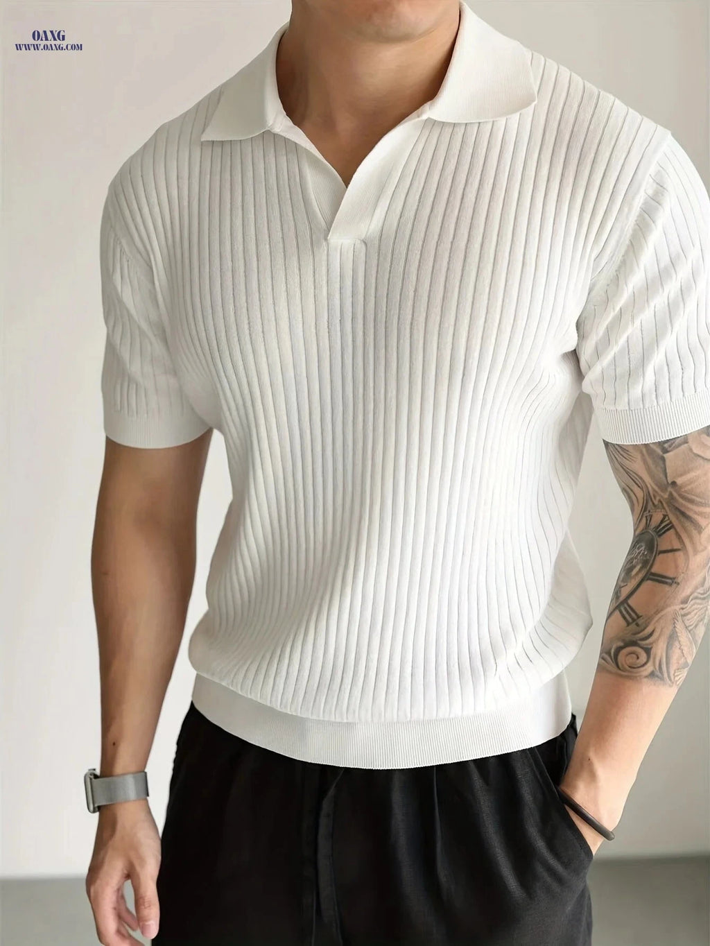 Men's Casual Short-Sleeve Polo Shirt - Ribbed Knit Design, Summer Fit   OAXG 