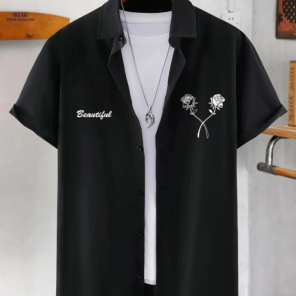 Men's Casual Short-Sleeve Print Shirt - Summer Lapel Style Top   OAXG Black / FR S