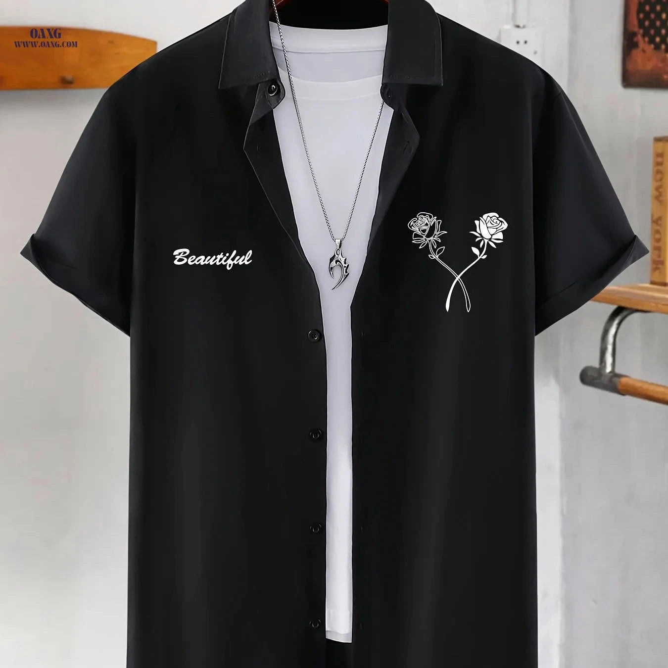 Men's Casual Short-Sleeve Print Shirt - Summer Lapel Style Top   OAXG Black / FR S