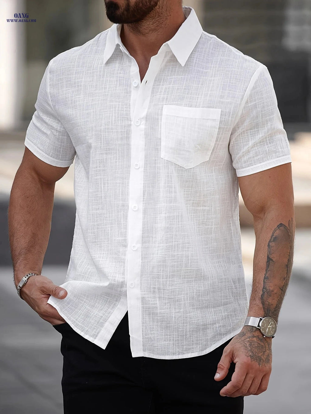 Men's Casual Short Sleeve Shirt - 100% Cotton for Weekend Outings   OAXG White / FR S