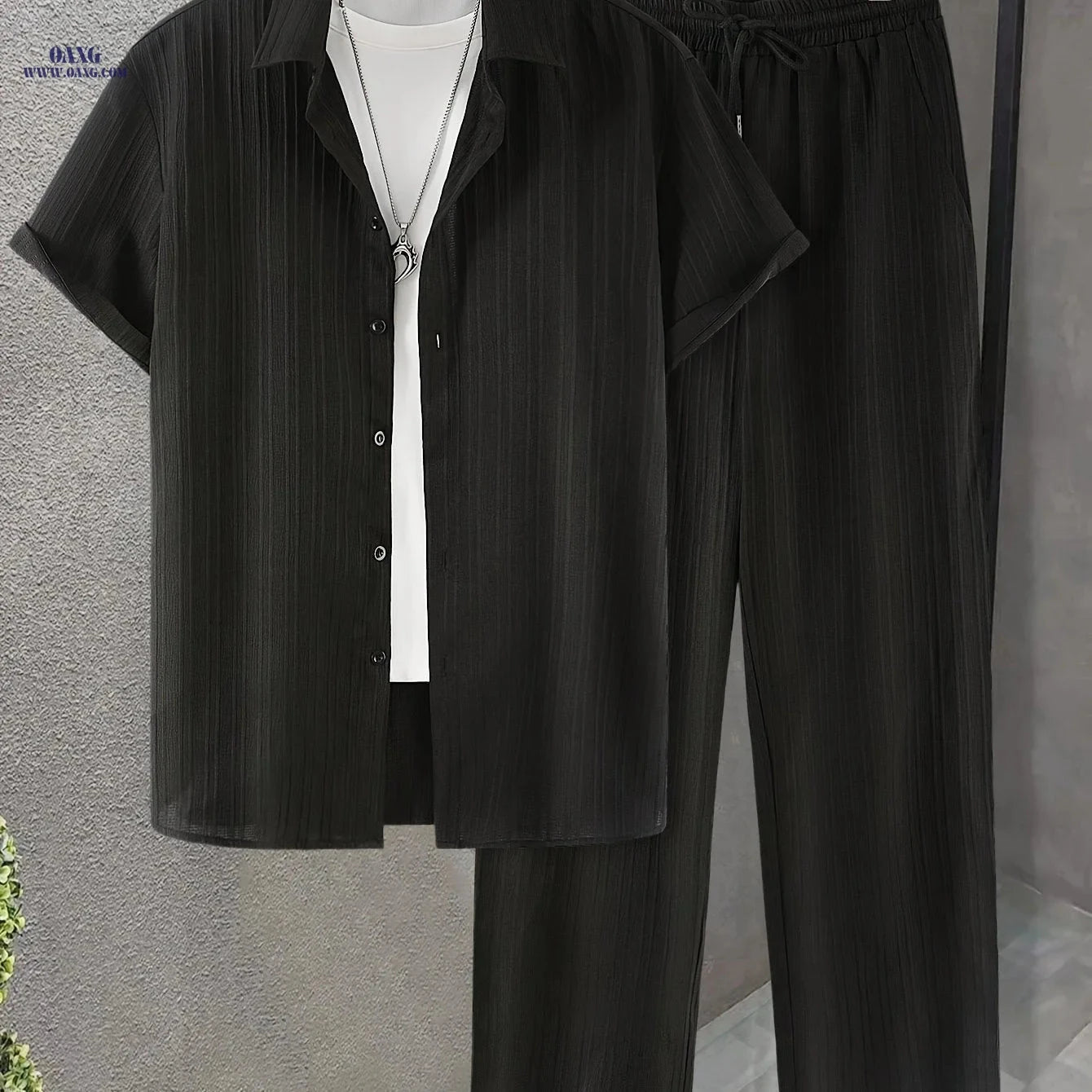 Men's Casual Short-Sleeve Shirt & Drawstring Pants Set - Summer Style   OAXG 