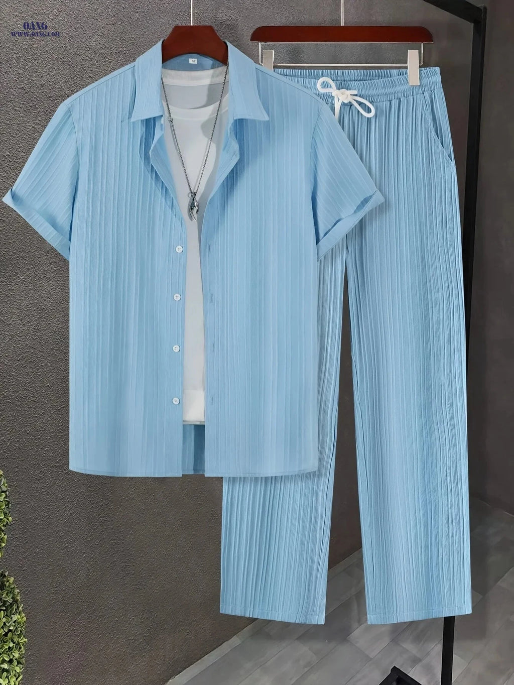 Men's Casual Short-Sleeve Shirt & Drawstring Pants Set - Summer Style   OAXG 