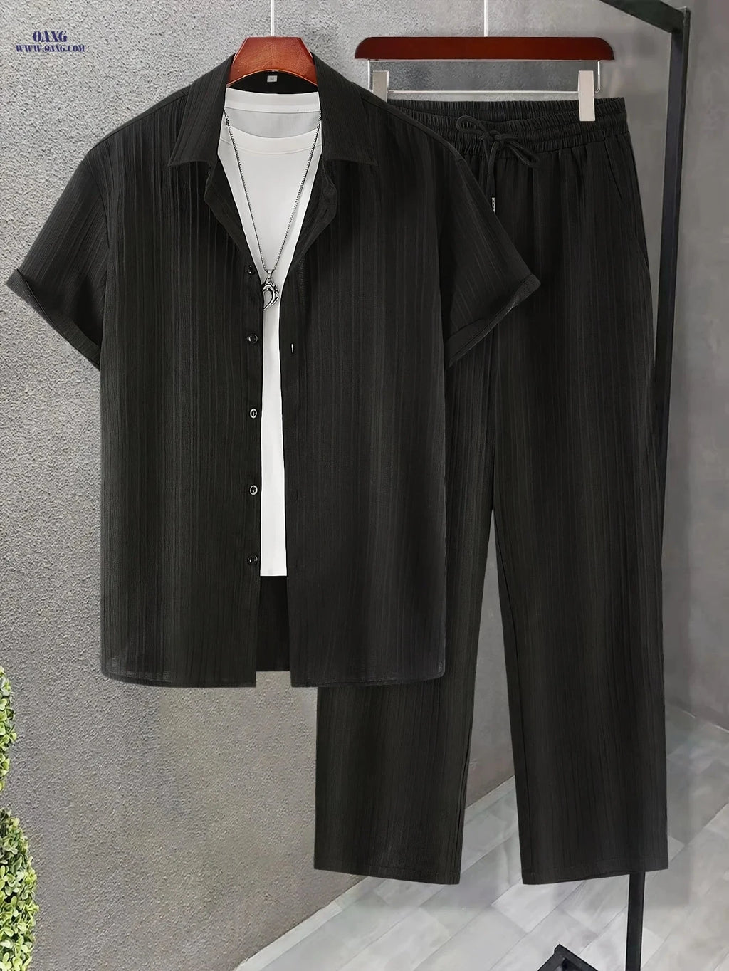 Men's Casual Short-Sleeve Shirt & Drawstring Pants Set - Summer Style   OAXG White / FR S