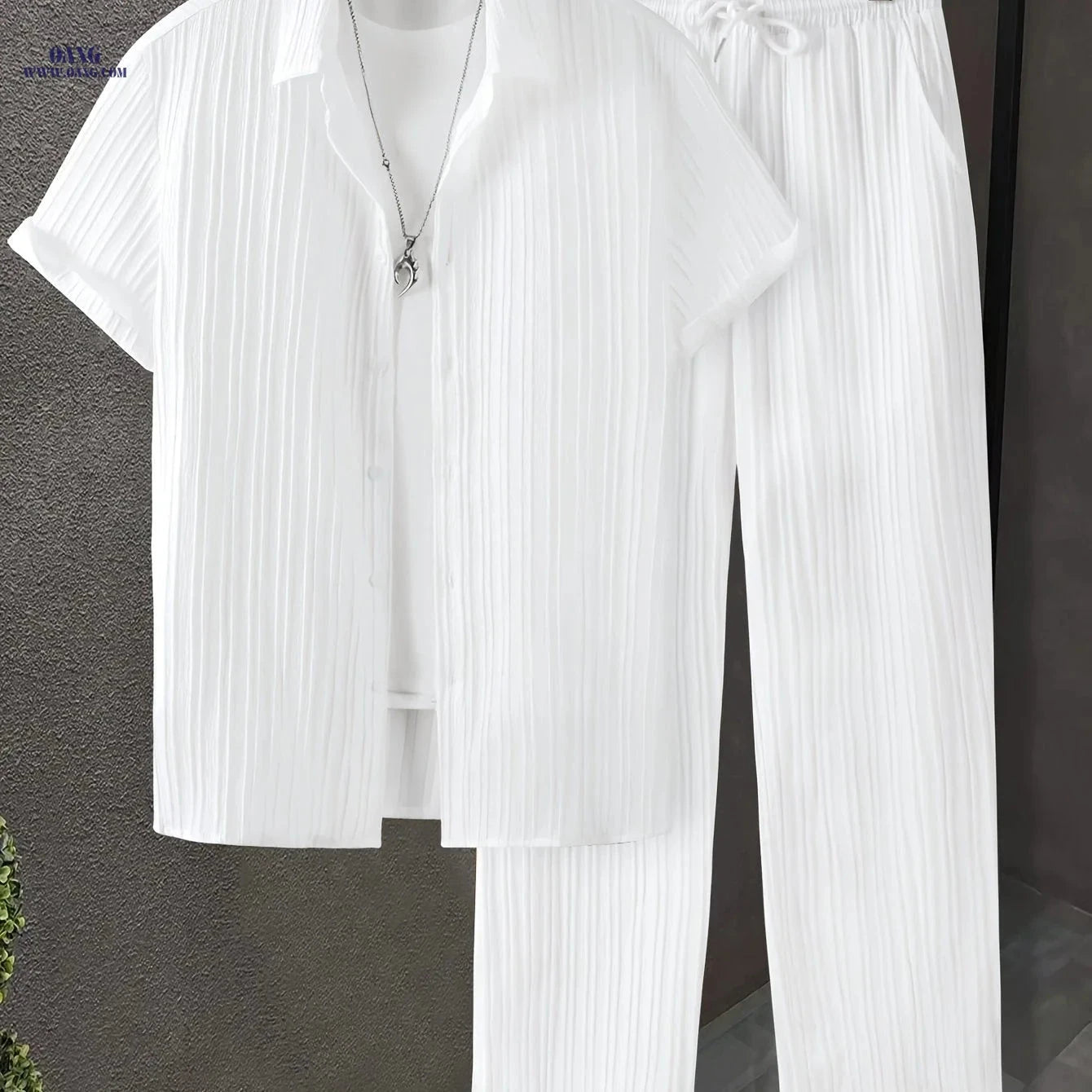 Men's Casual Short-Sleeve Shirt & Drawstring Pants Set - Summer Style   OAXG White / FR S