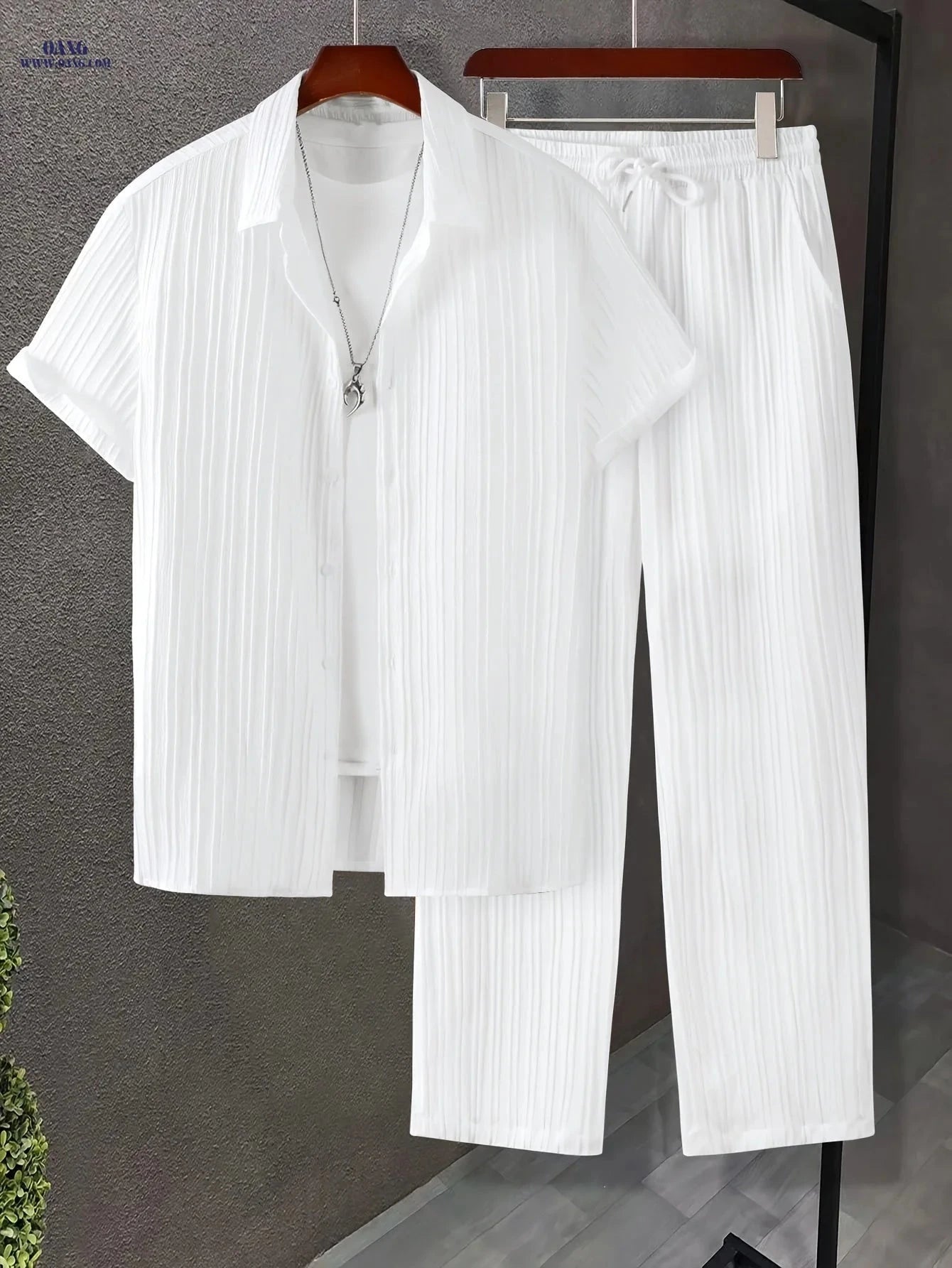 Men's Casual Short-Sleeve Shirt & Drawstring Pants Set - Summer Style   OAXG White / FR S