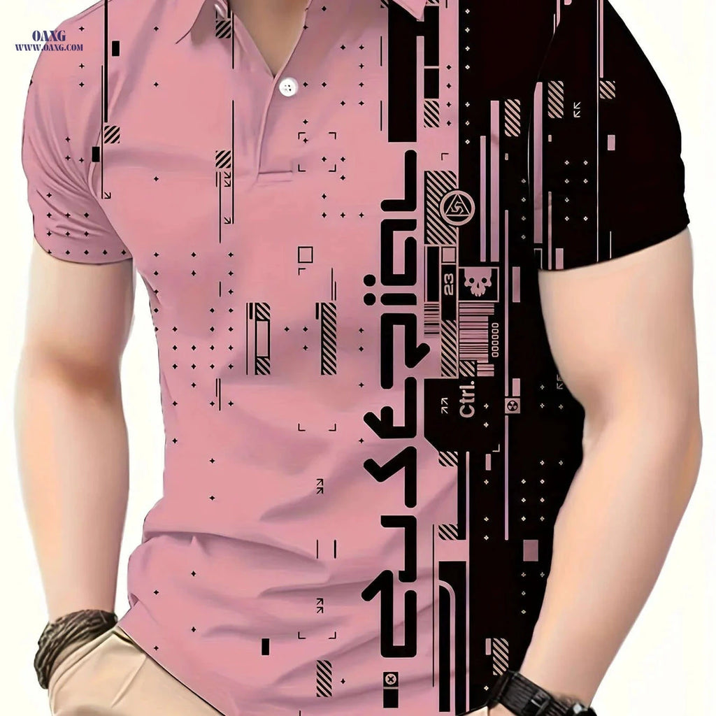 Men's Casual Short Sleeve Shirt - Irregular Geometric Print, Polyester   OAXG Peach / FR S