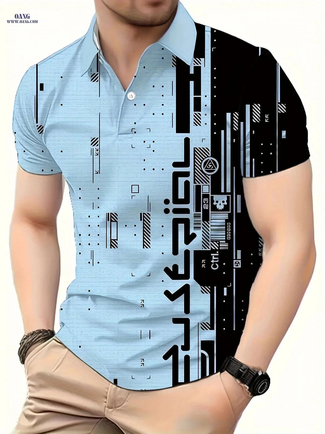 Men's Casual Short Sleeve Shirt - Irregular Geometric Print, Polyester   OAXG Peach / FR S