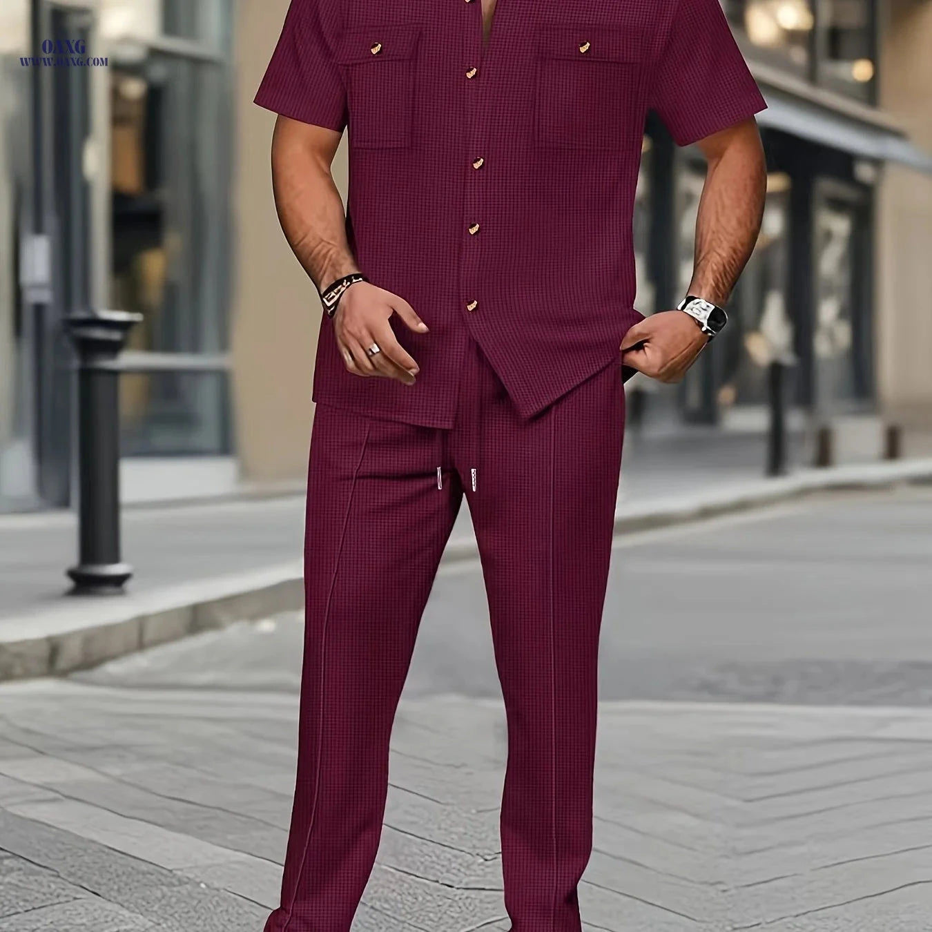 Men's Casual Short Sleeve Shirt & Pants Set - Textured Style   OAXG 