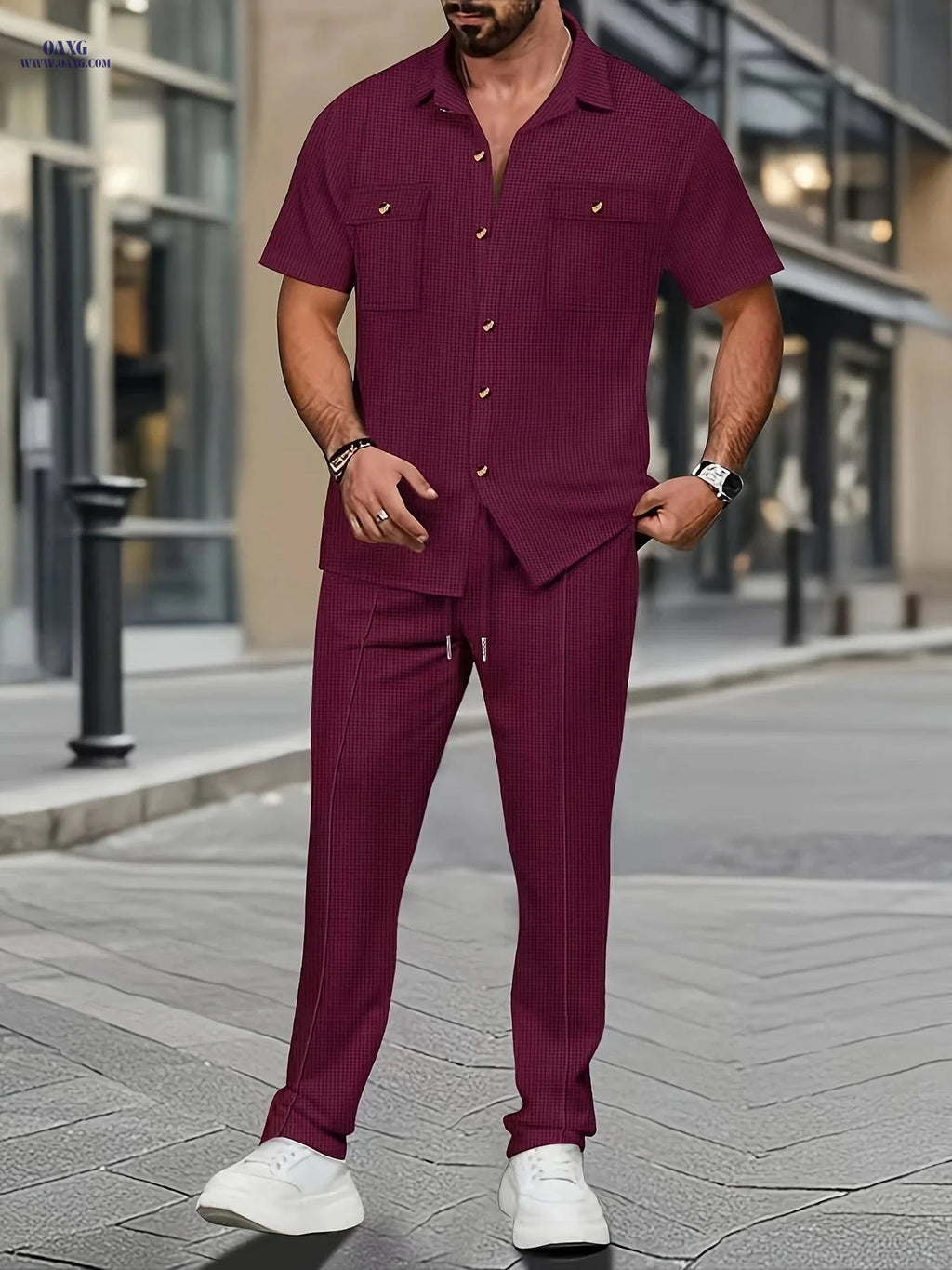 Men's Casual Short Sleeve Shirt & Pants Set - Textured Style   OAXG 