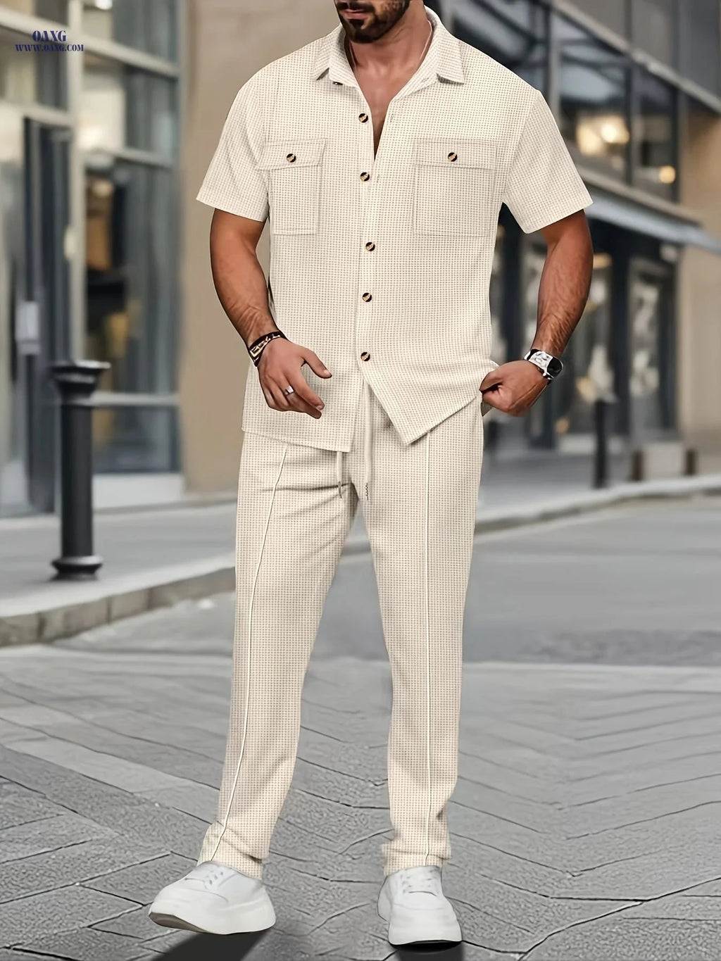 Men's Casual Short Sleeve Shirt & Pants Set - Textured Style   OAXG 
