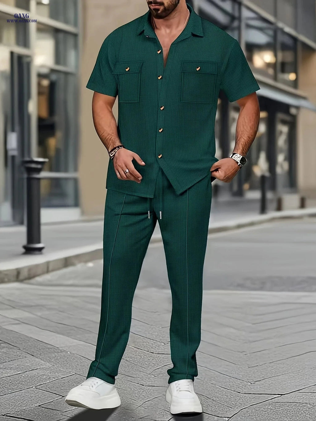 Men's Casual Short Sleeve Shirt & Pants Set - Textured Style   OAXG 