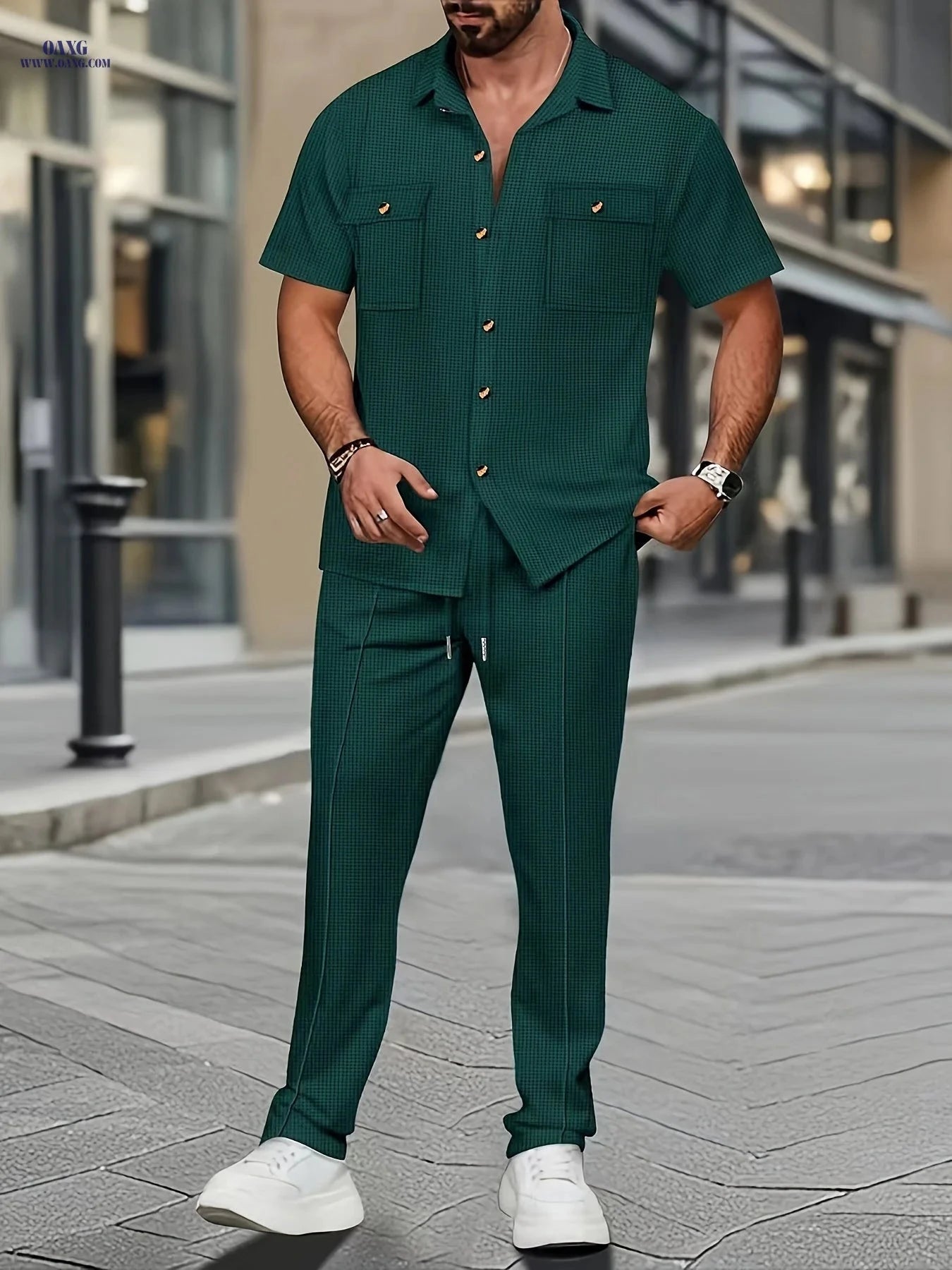 Men's Casual Short Sleeve Shirt & Pants Set - Textured Style   OAXG 