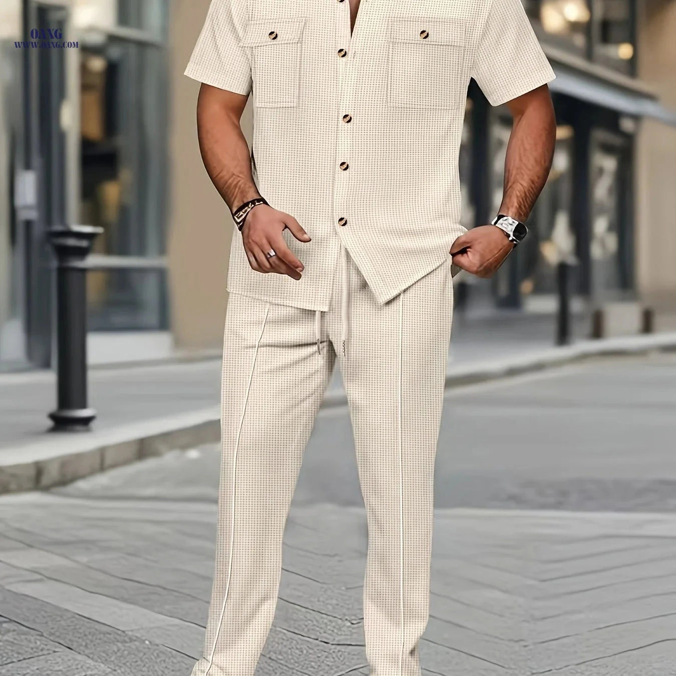 Men's Casual Short Sleeve Shirt & Pants Set - Textured Style   OAXG 
